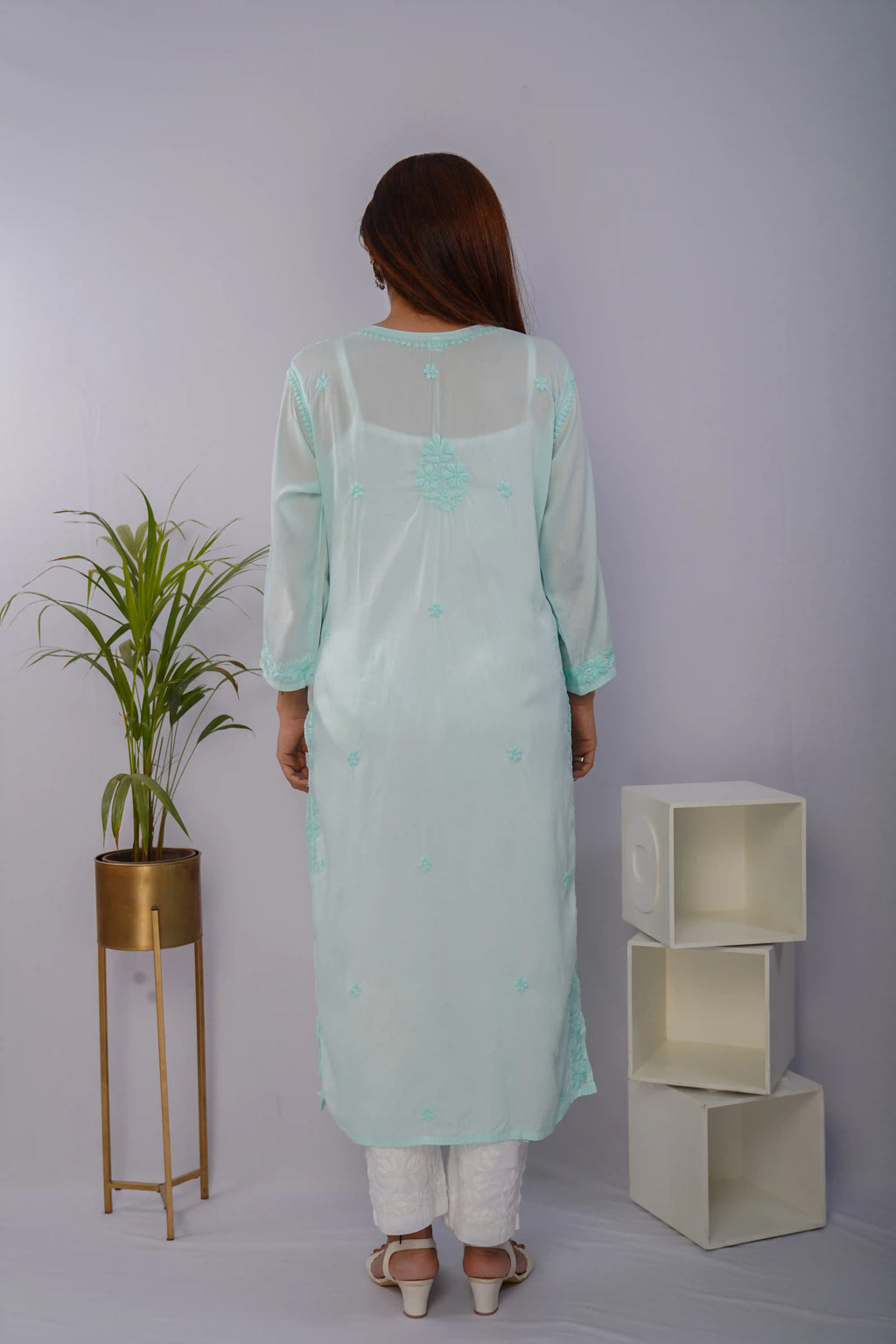 Mint Mist Pure Mulmul Chikankari Kurta with Hand Embroidery