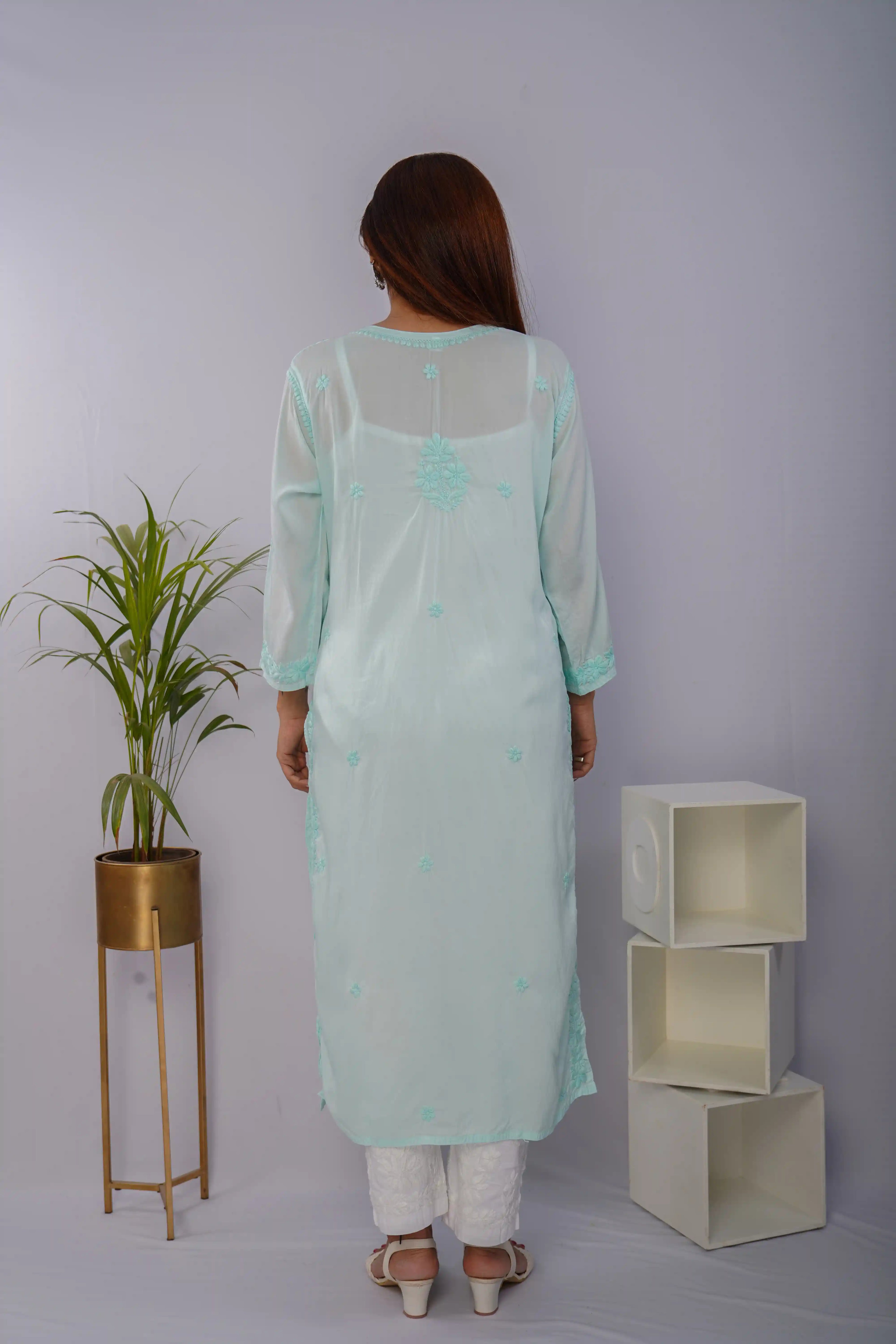 Mint Mist Pure Mulmul Chikankari Kurta with Hand Embroidery