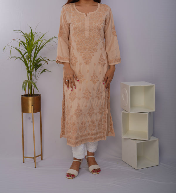 Warm Beige Pure Mulmul Chikankari Kurta with Hand Embroidery