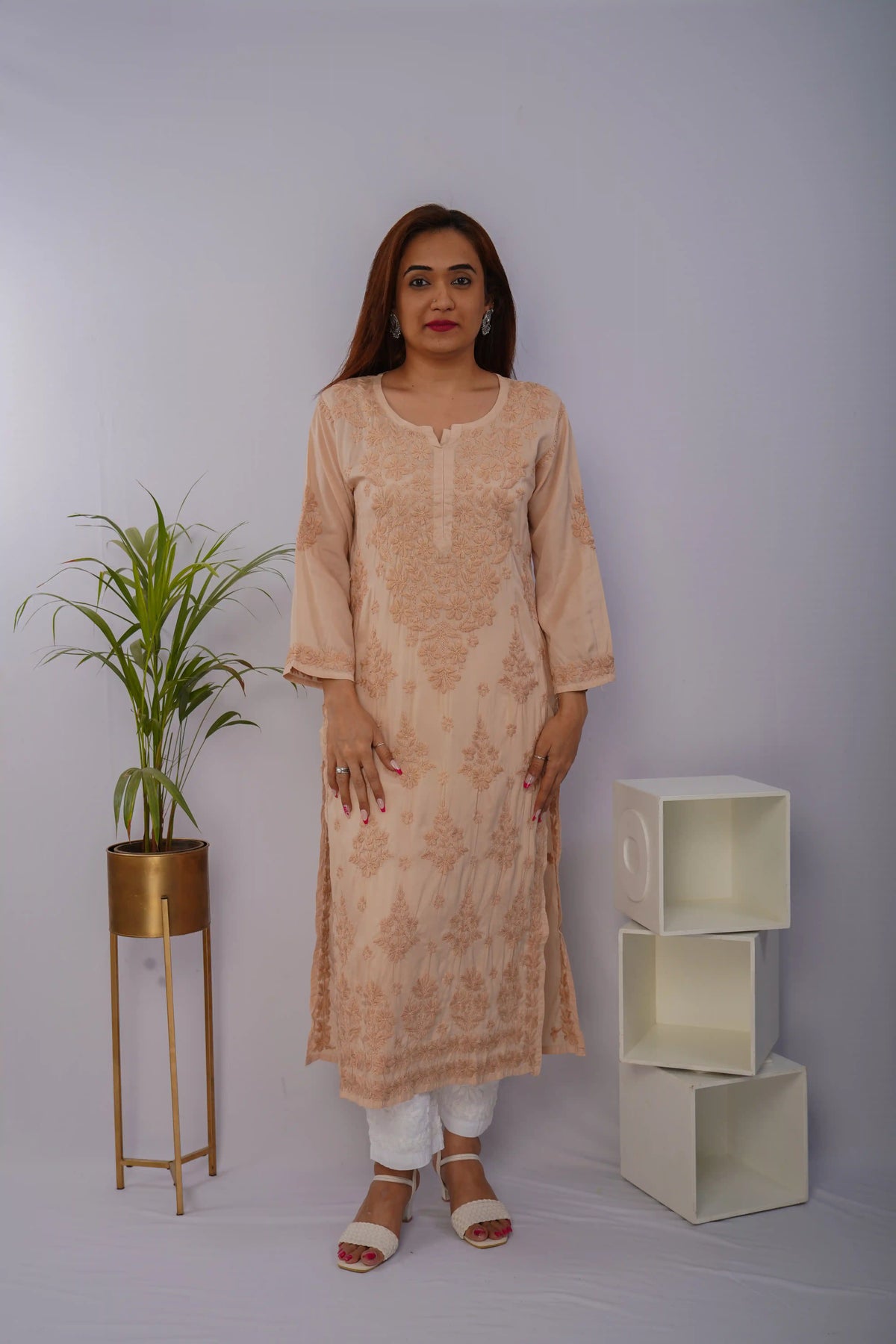 Warm Beige Pure Mulmul Chikankari Kurta with Hand Embroidery