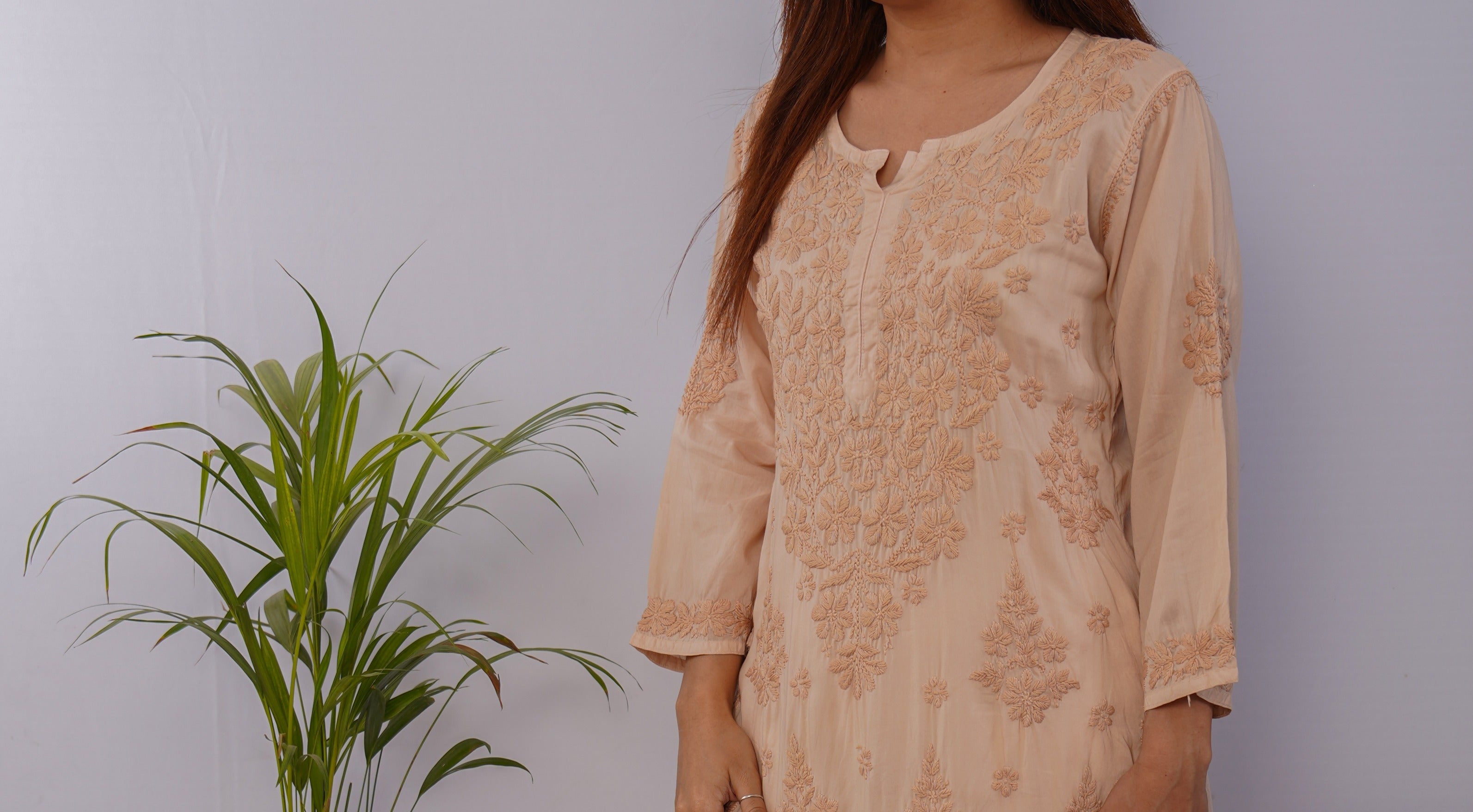 Warm Beige Pure Mulmul Chikankari Kurta with Hand Embroidery