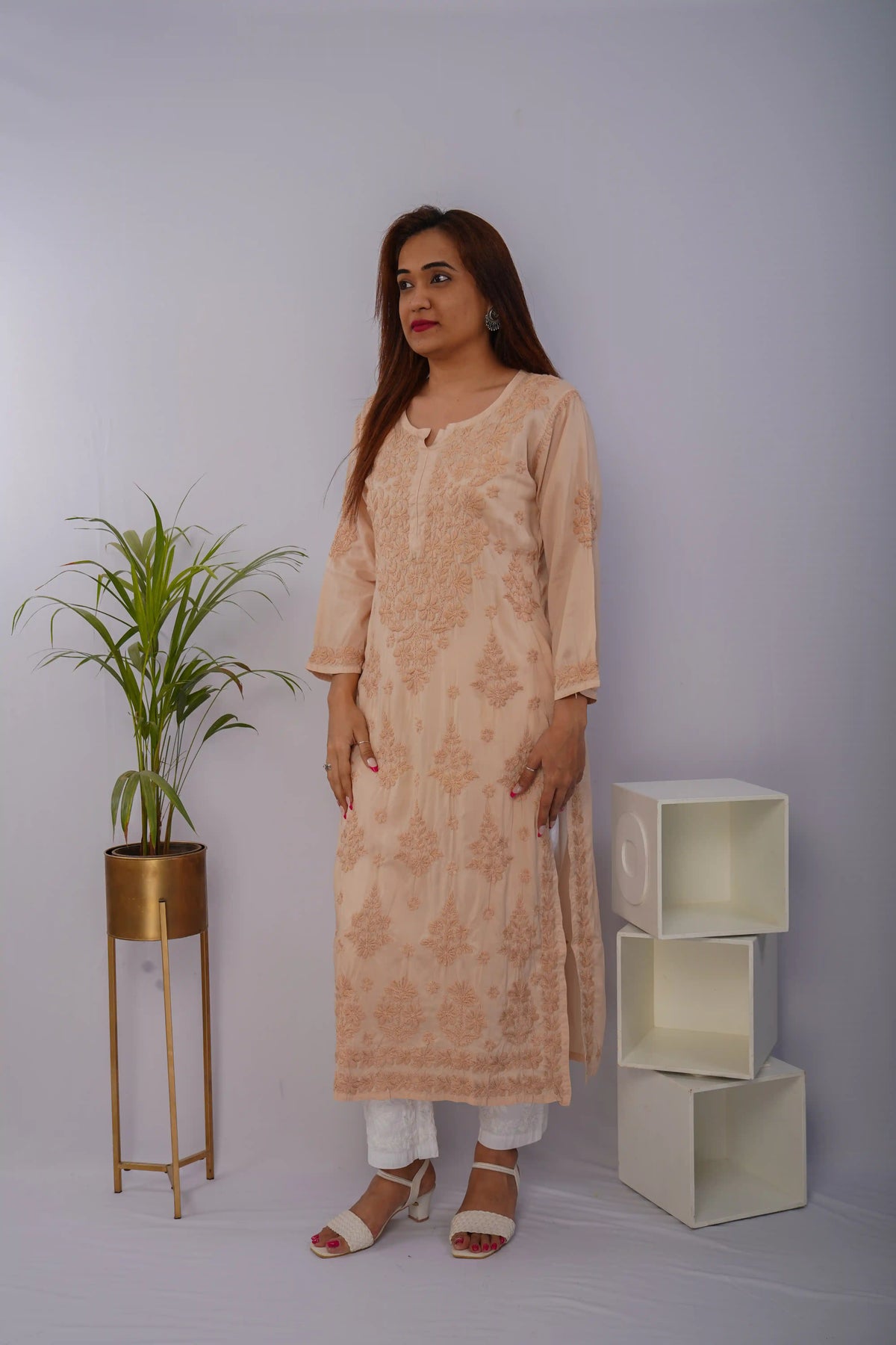 Warm Beige Pure Mulmul Chikankari Kurta with Hand Embroidery
