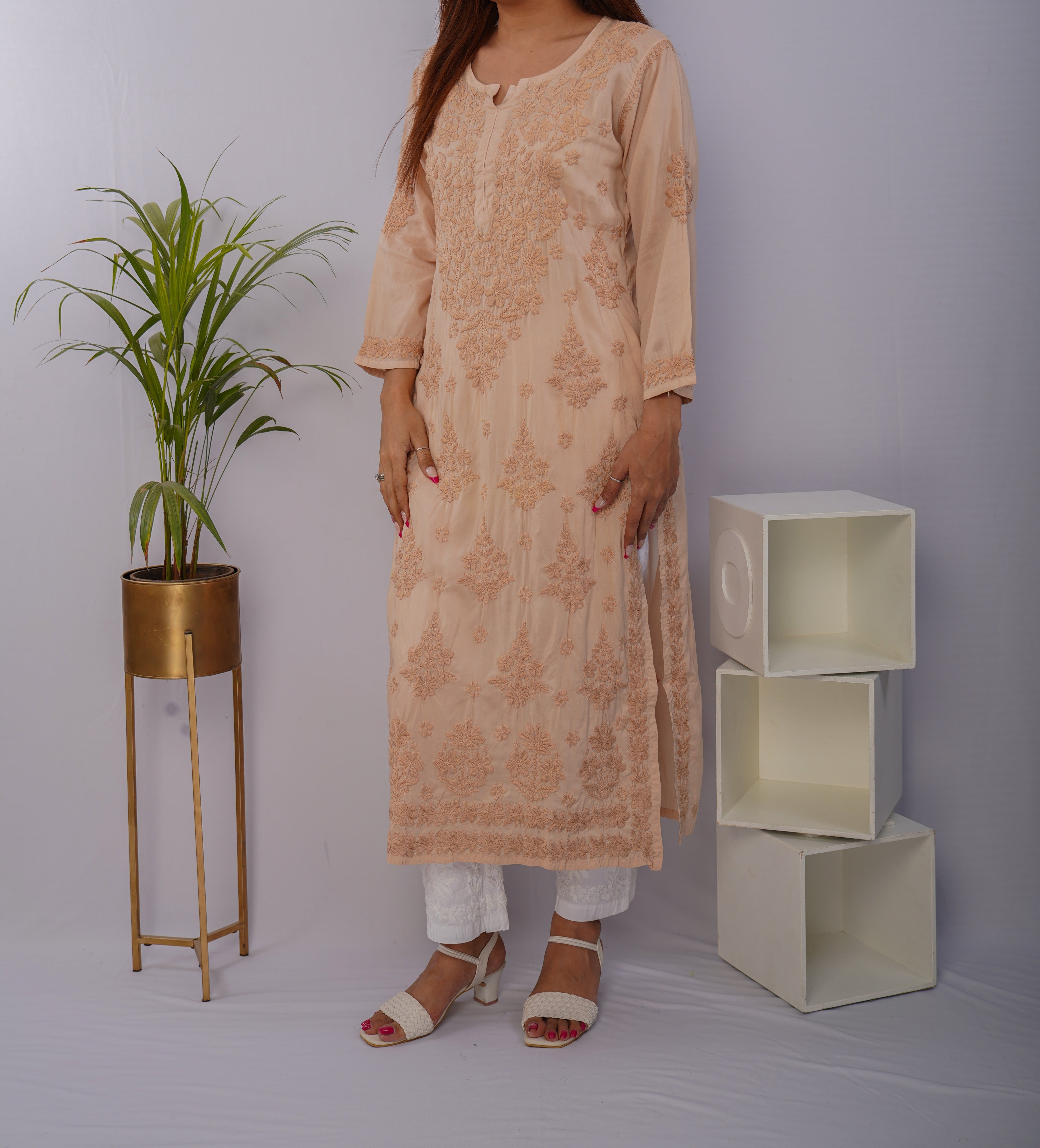 Warm Beige Pure Mulmul Chikankari Kurta with Hand Embroidery
