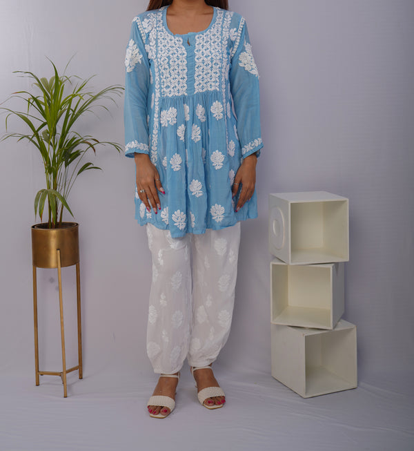Sky Blue Short Muslin Frock with Hand Chikankari Embroidery