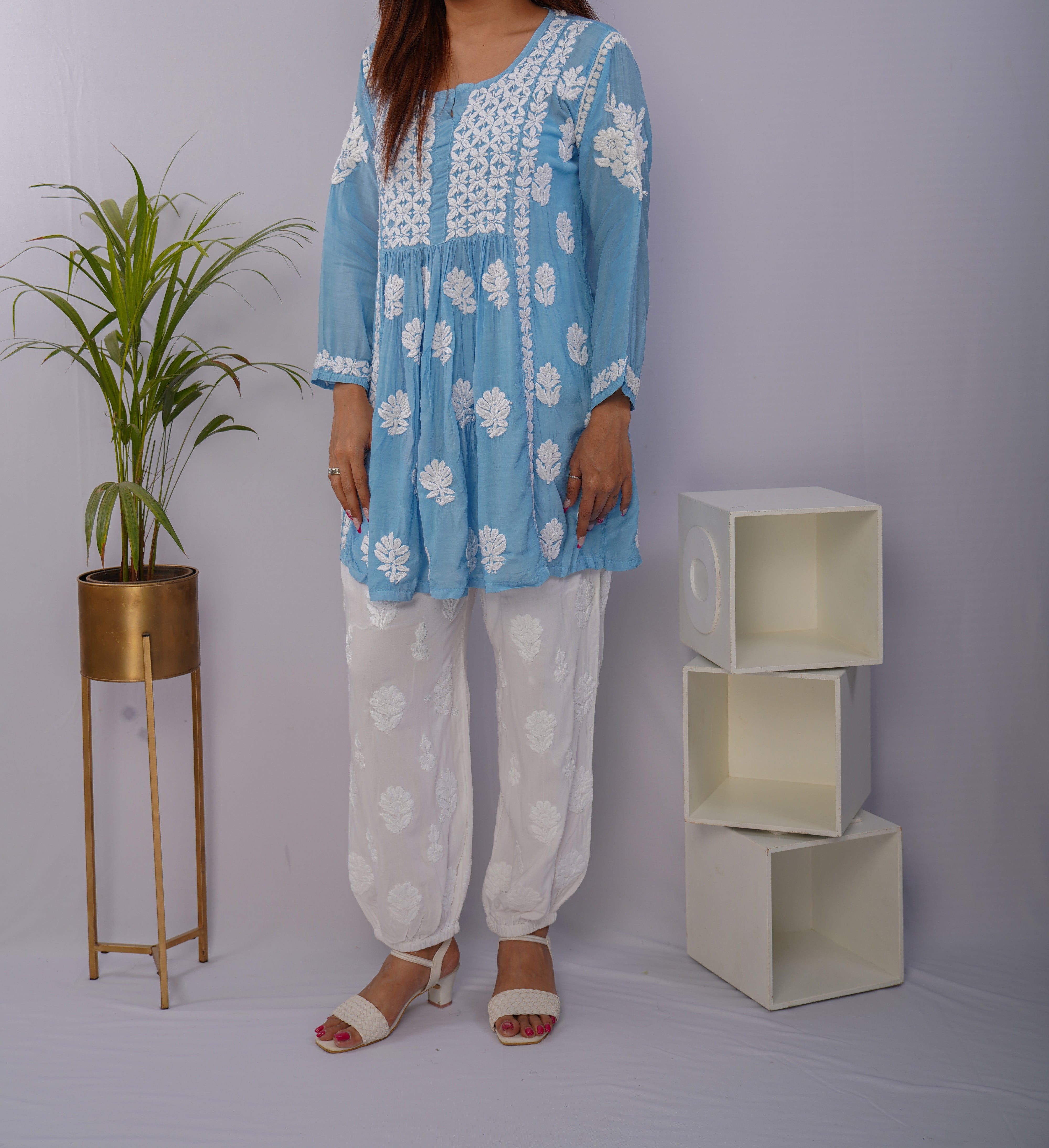 Sky Blue Short Muslin Frock with Hand Chikankari Embroidery