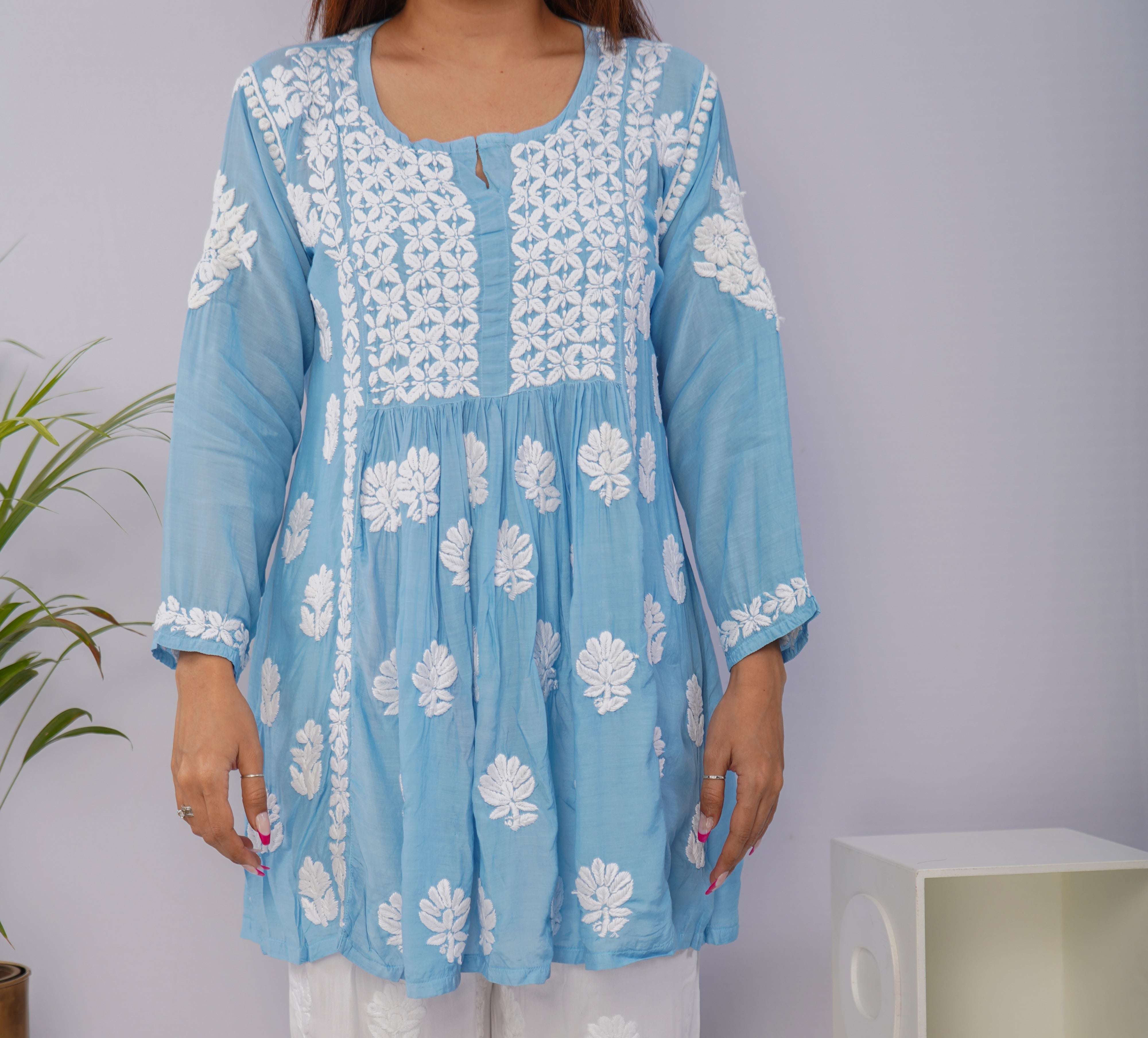 Sky Blue Short Muslin Frock with Hand Chikankari Embroidery