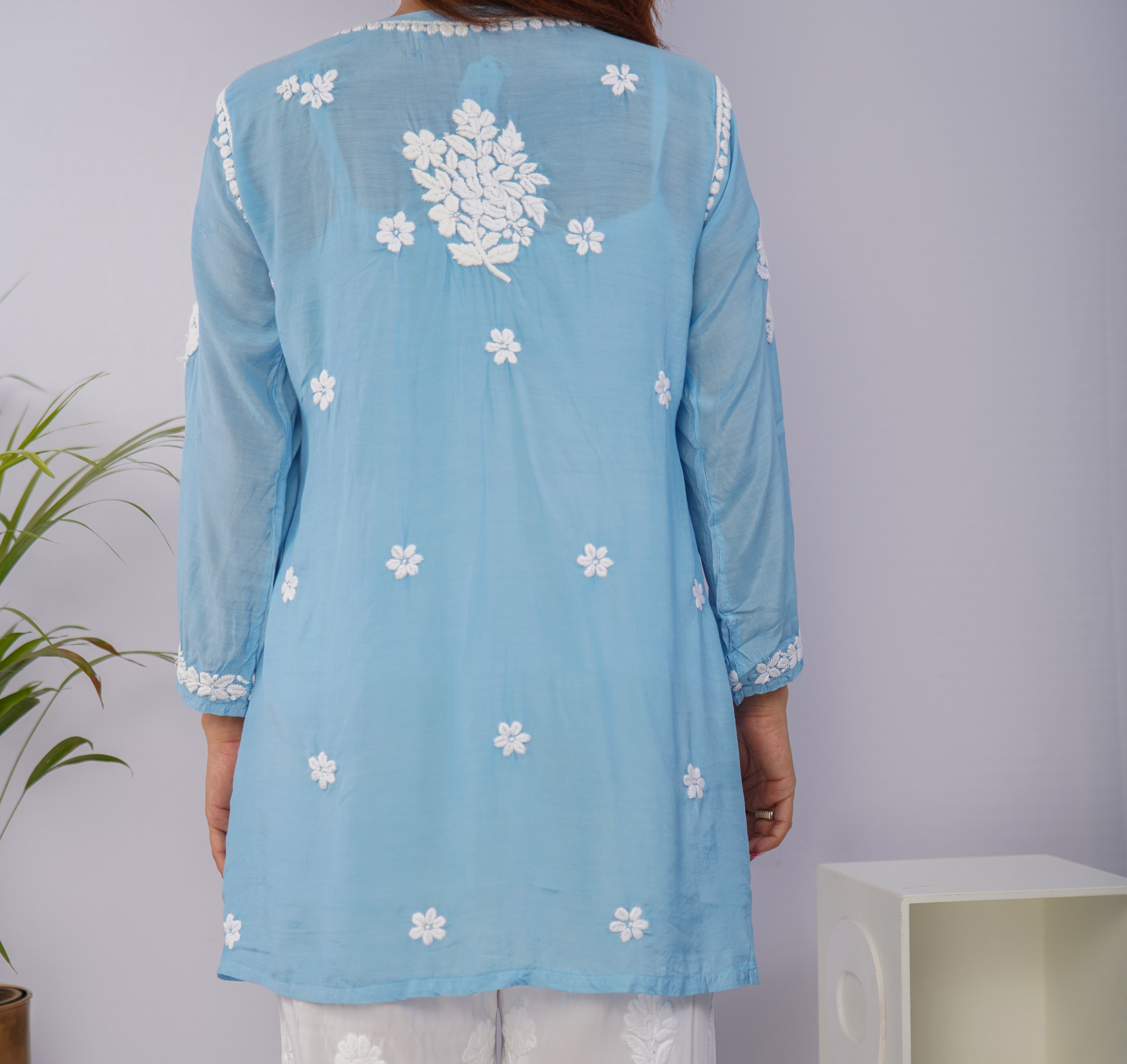 Sky Blue Short Muslin Frock with Hand Chikankari Embroidery