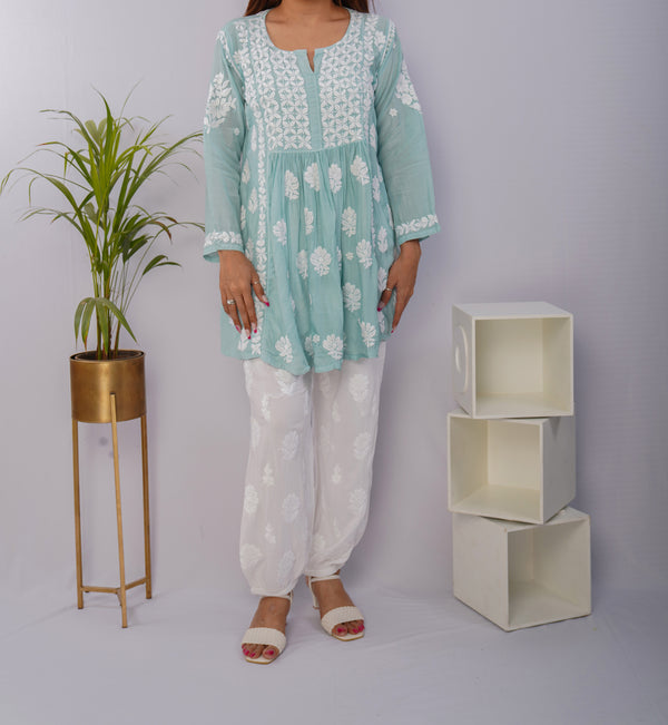 Sea Green Short Muslin Frock with Hand Chikankari Embroidery