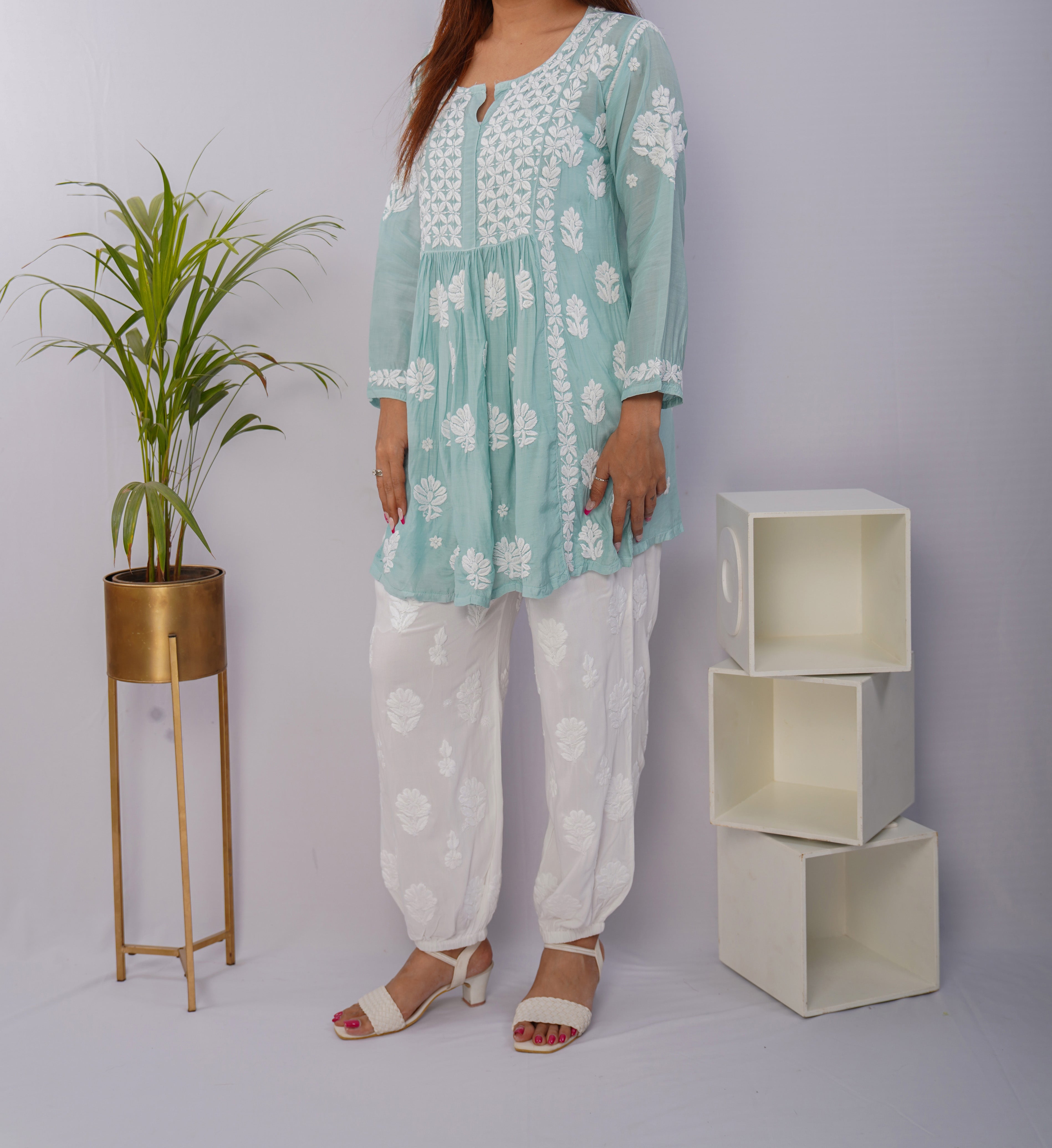 Sea Green Short Muslin Frock with Hand Chikankari Embroidery