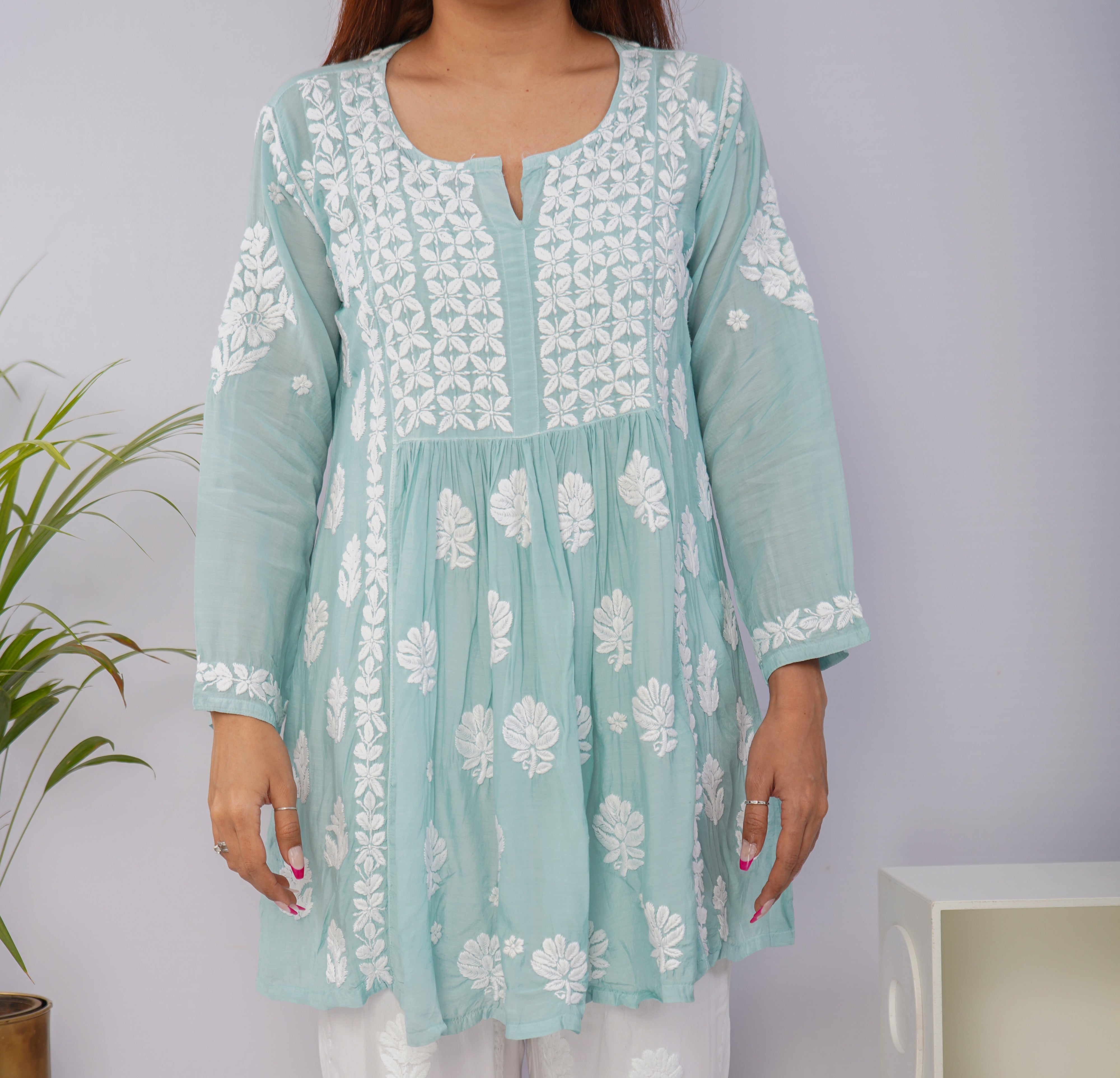 Sea Green Short Muslin Frock with Hand Chikankari Embroidery