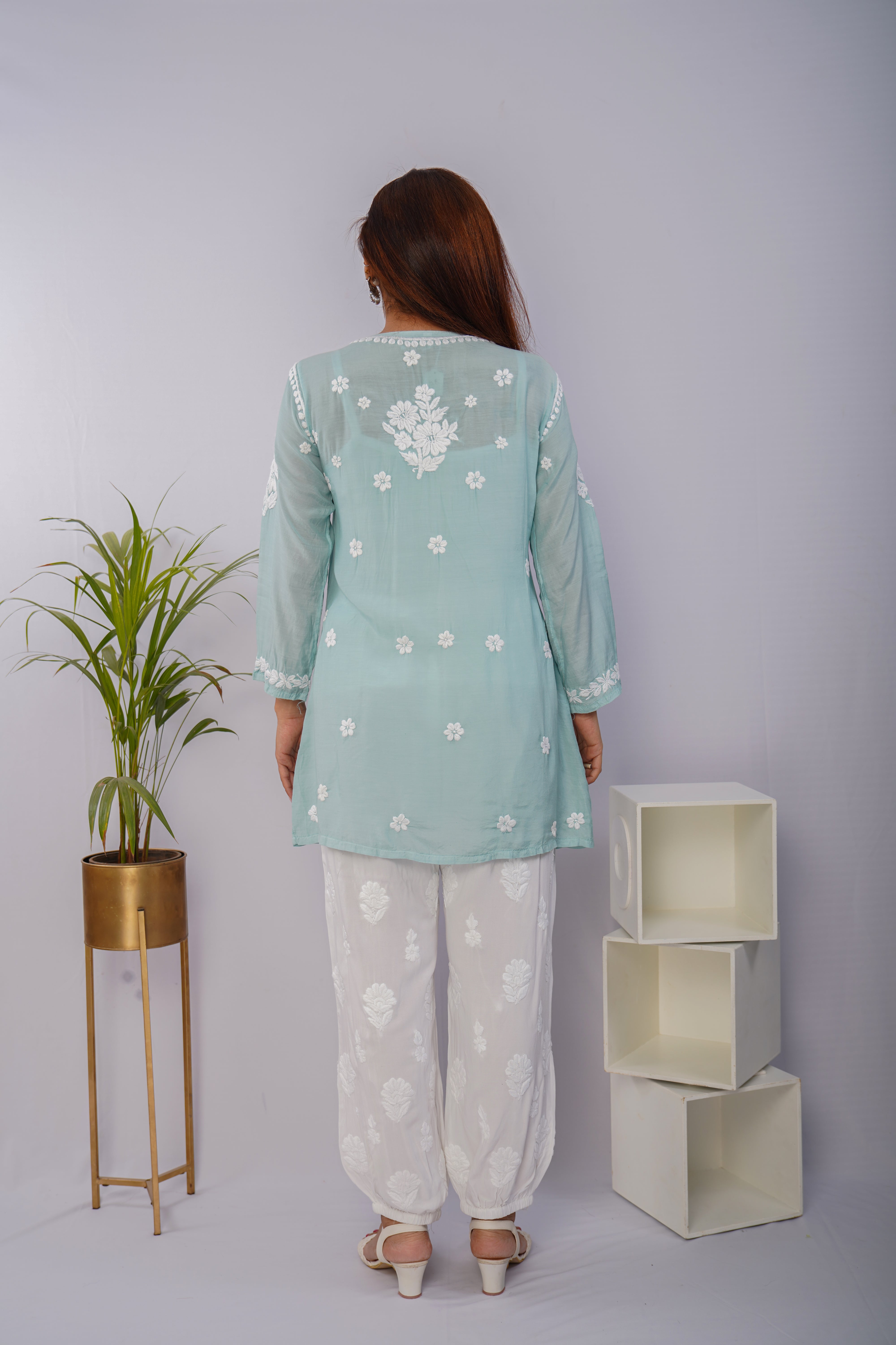 Sea Green Short Muslin Frock with Hand Chikankari Embroidery
