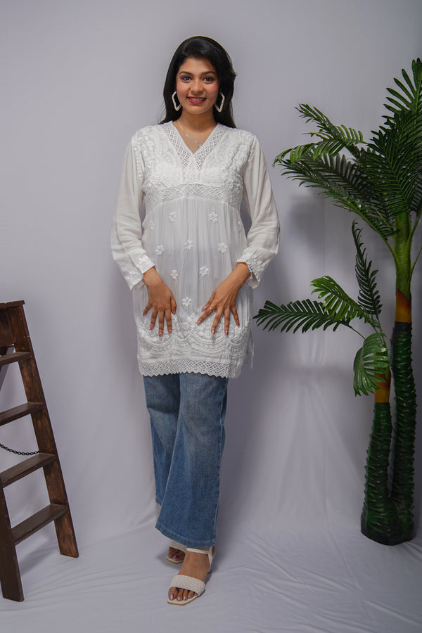 White Modal Short Frock Kurta with Hand Chikankari & Qureshia Lace