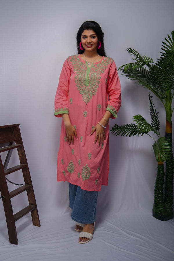 Carrot Pink Cotton Chikankari Kurti with Green Thread Embroidery