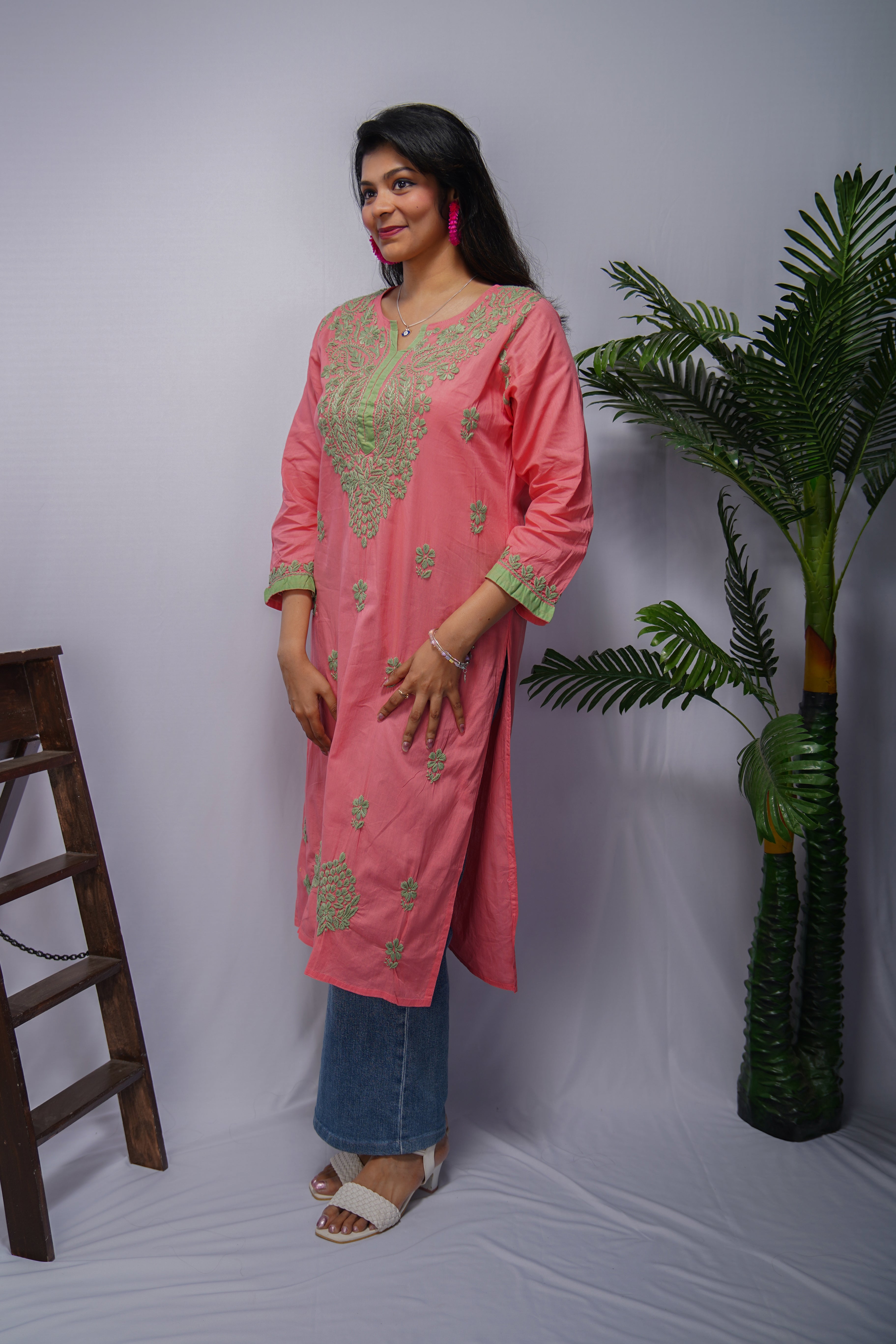 Carrot Pink Cotton Chikankari Kurti with Green Thread Embroidery