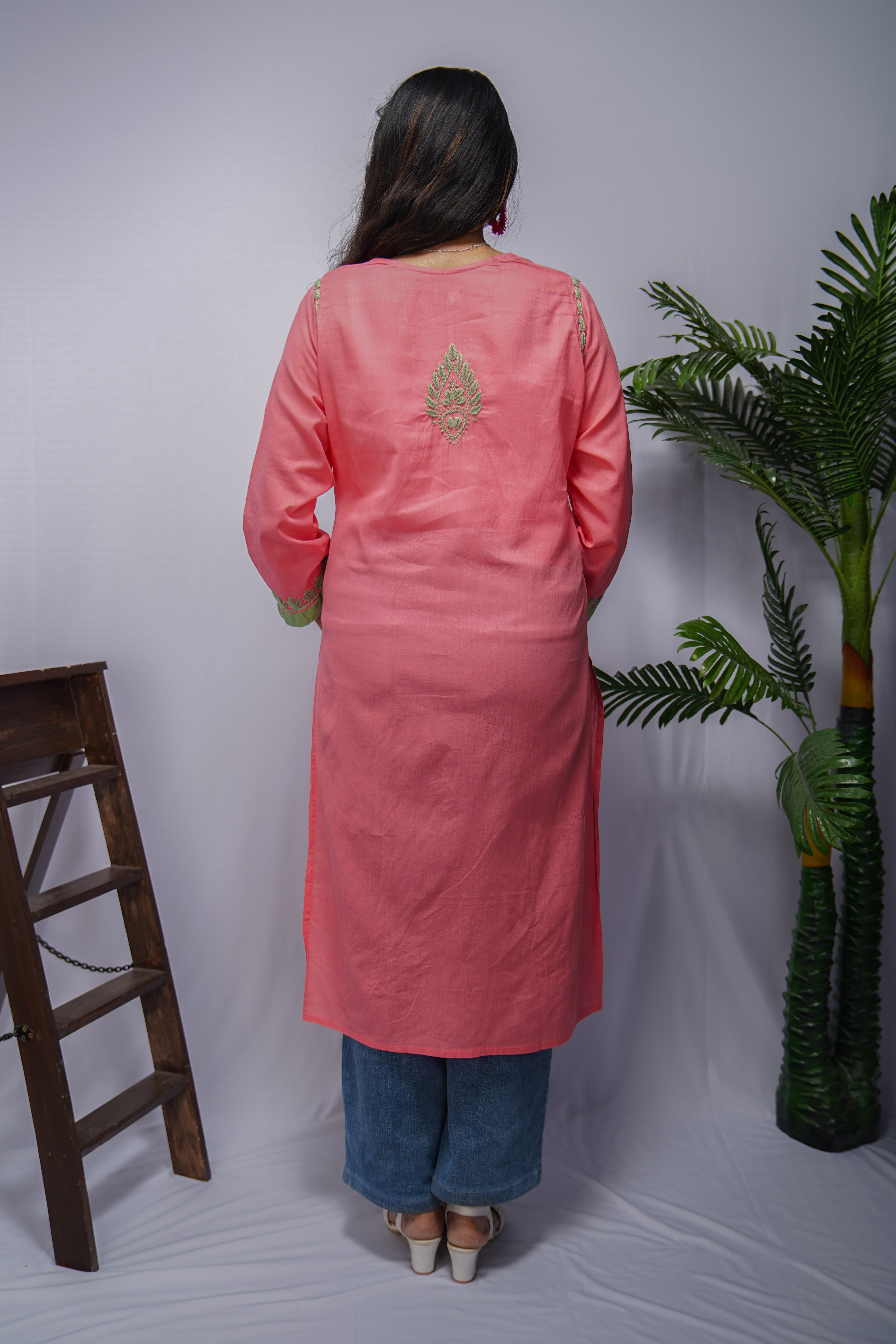 Carrot Pink Cotton Chikankari Kurti with Green Thread Embroidery