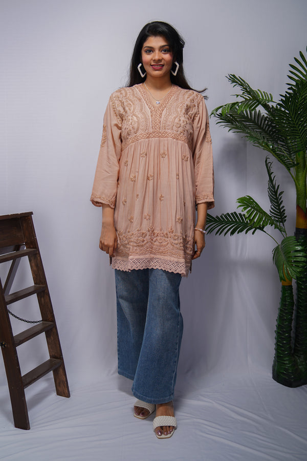 Dusty Brown Modal Short Frock Kurta with Hand Chikankari & Qureshia Lace