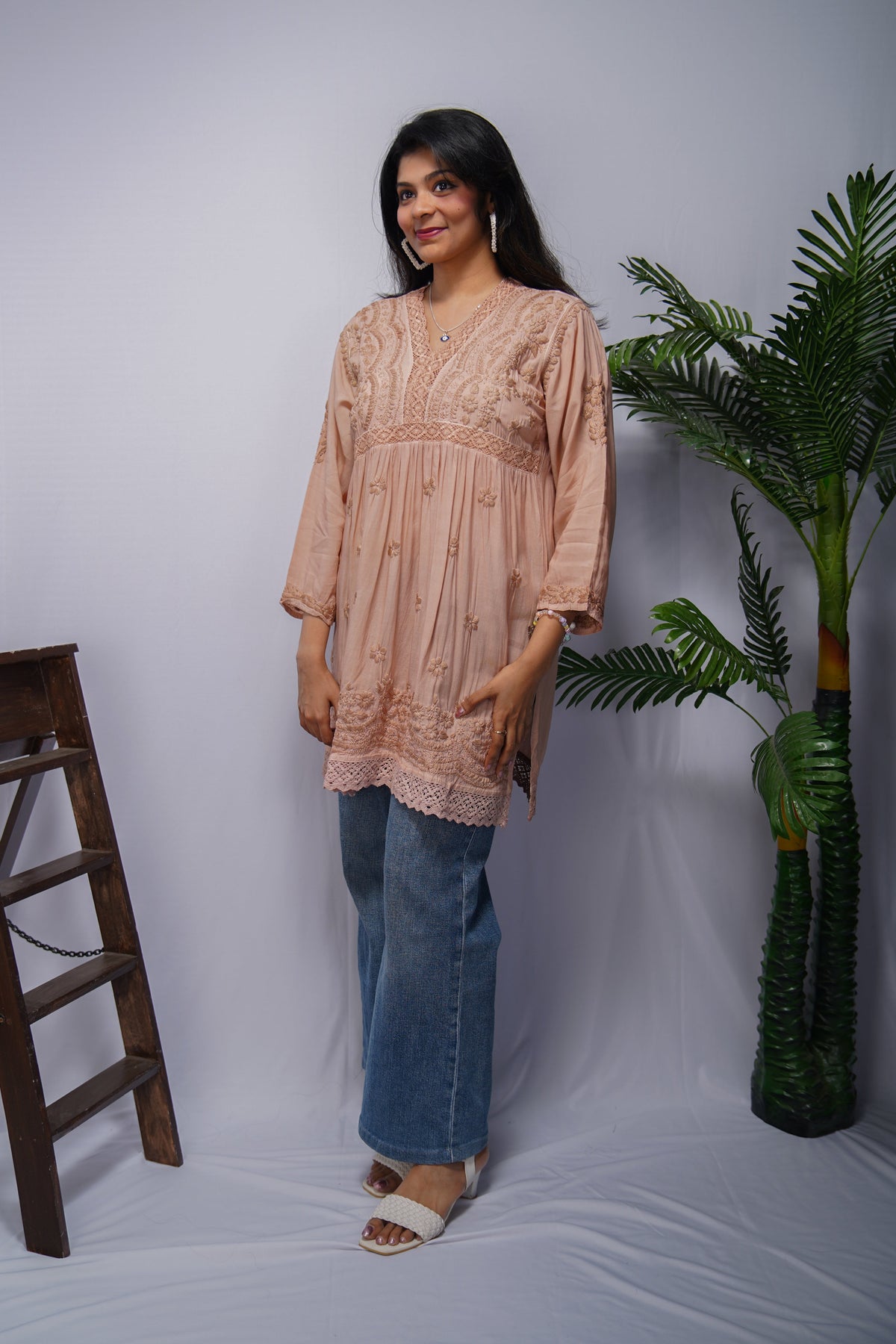 Dusty Brown Modal Short Frock Kurta with Hand Chikankari & Qureshia Lace