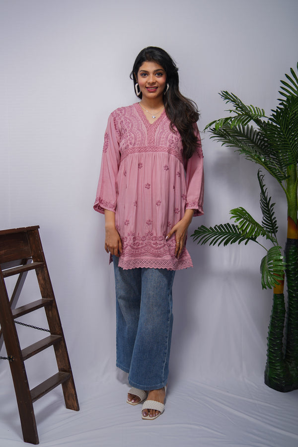 Mauve Pink Modal Short Frock Kurta with Hand Chikankari & Qureshia Lace