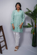 Mint Green Modal Short Frock Kurta with Hand Chikankari & Qureshia Lace