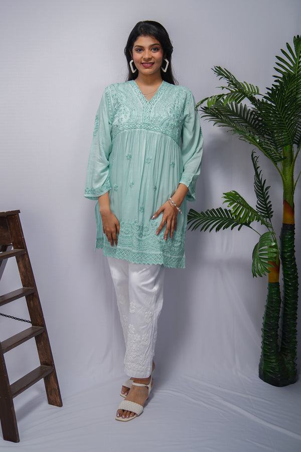 Mint Green Modal Short Frock Kurta with Hand Chikankari & Qureshia Lace