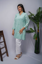 Mint Green Modal Short Frock Kurta with Hand Chikankari & Qureshia Lace