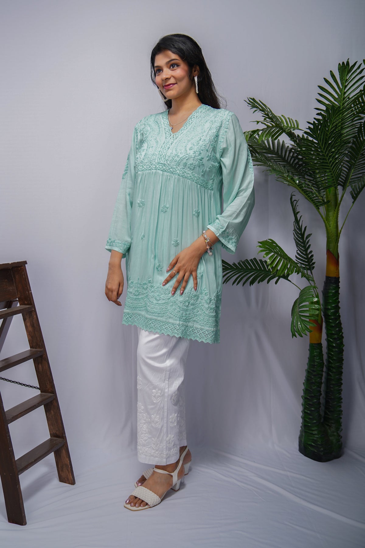 Mint Green Modal Short Frock Kurta with Hand Chikankari & Qureshia Lace