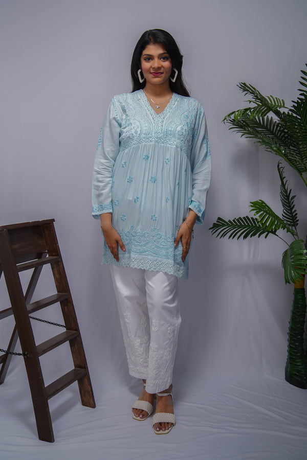 Sky Blue Modal Short Frock Kurta with Hand Chikankari & Qureshia Lace