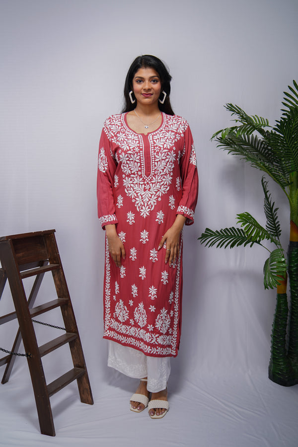 Dark Rose Pure Modal Kurti with White Handwork Chikankari Embroidery