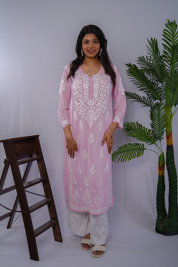 Light Pink Pure Modal Kurti with Delicate White Handwork Chikankari