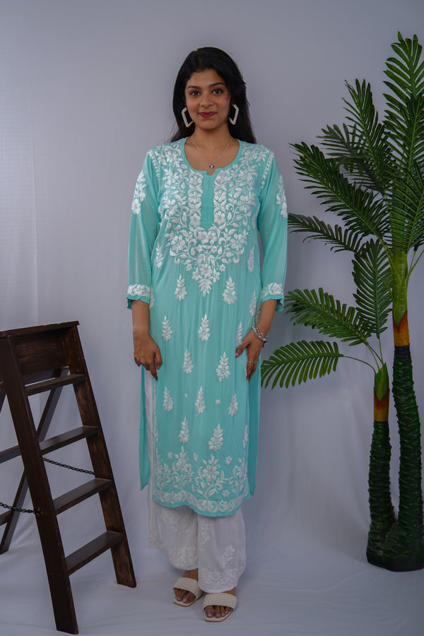 Aqua Blue Pure Modal Kurti with White Handwork Chikankari Embroidery