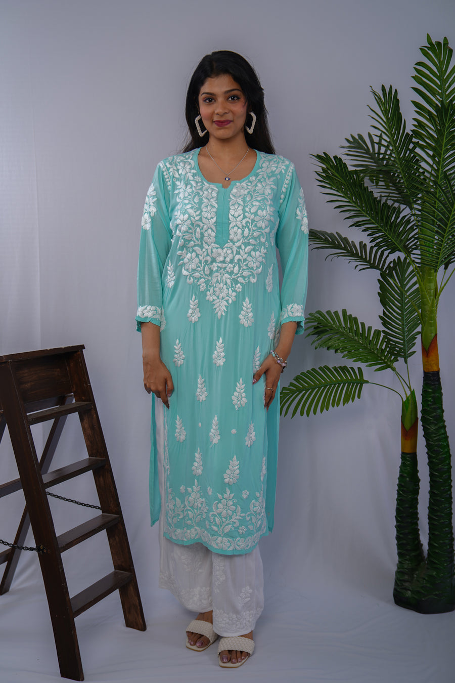 Aqua Blue Pure Modal Kurti with White Handwork Chikankari Embroidery