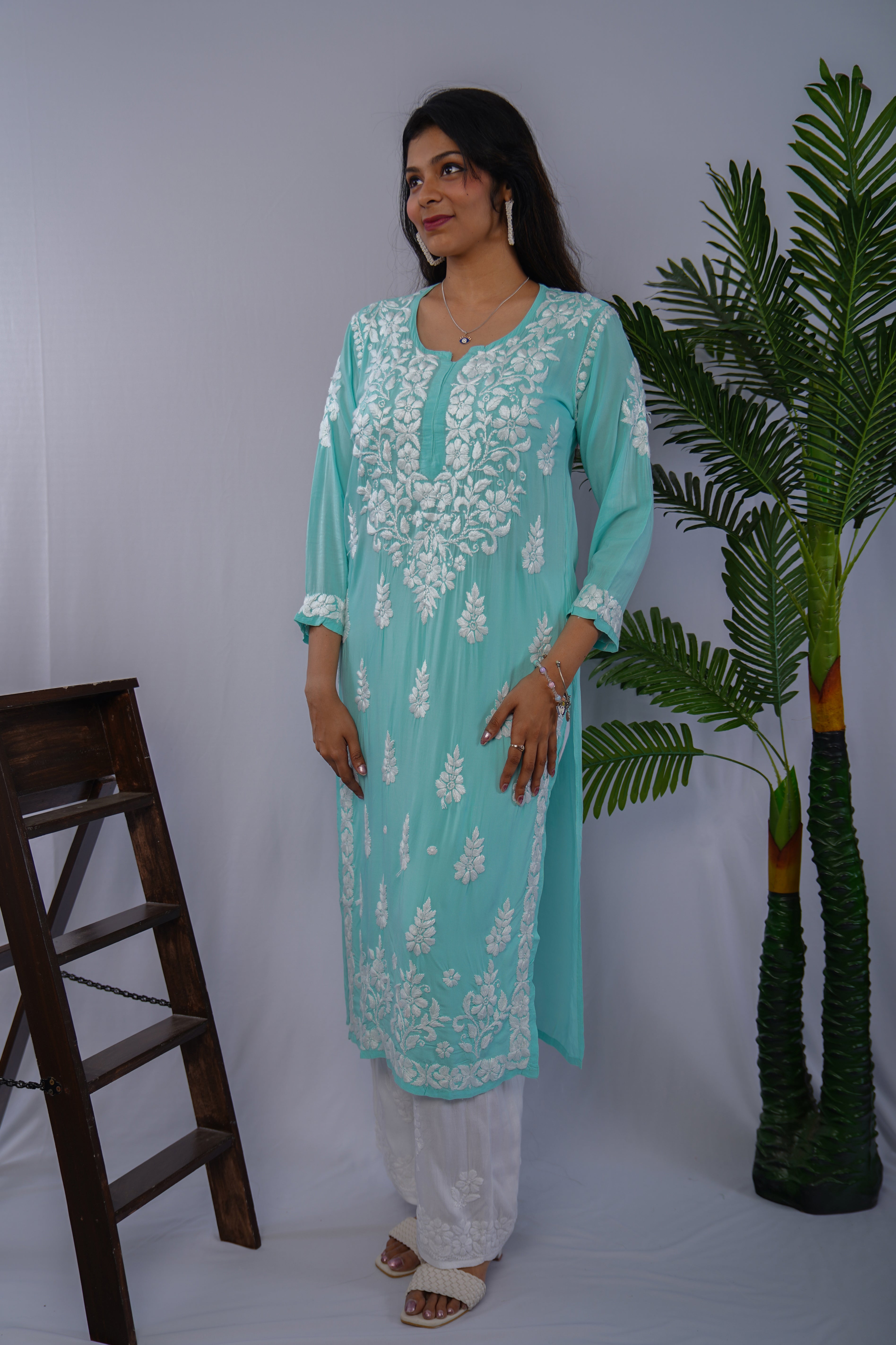 Aqua Blue Pure Modal Kurti with White Handwork Chikankari Embroidery
