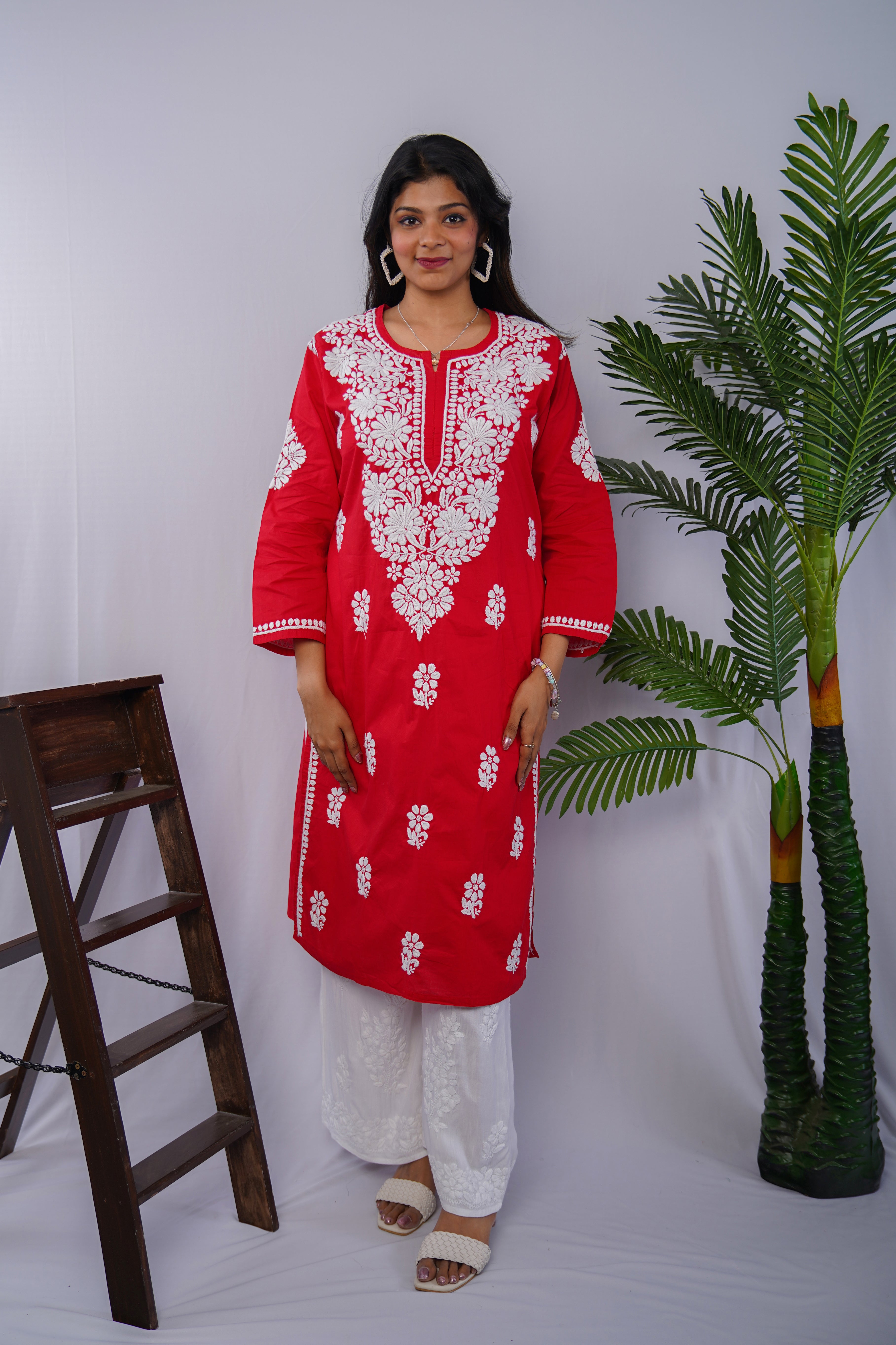 Red Pure Cotton Kurti with Elegant White Handwork Chikankari Embroidery
