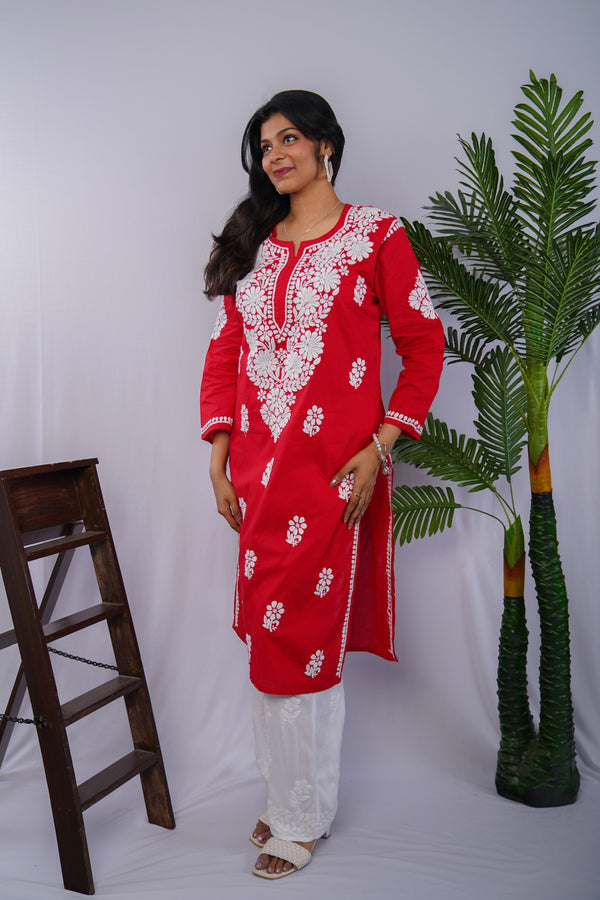 Red Pure Cotton Kurti with Elegant White Handwork Chikankari Embroidery