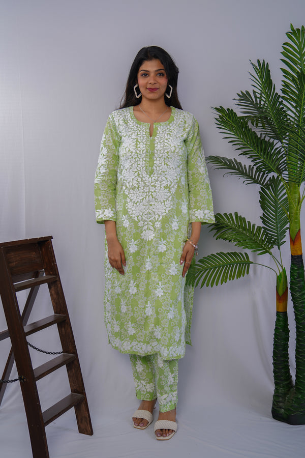 Noor Pistachio Green Printed Chikankari Kurta Set – Premium Mulmul Elegance