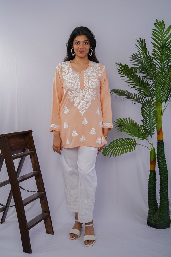 Peach Glow Rayon Chikankari Short Kurta – Elegant Handcrafted Beauty