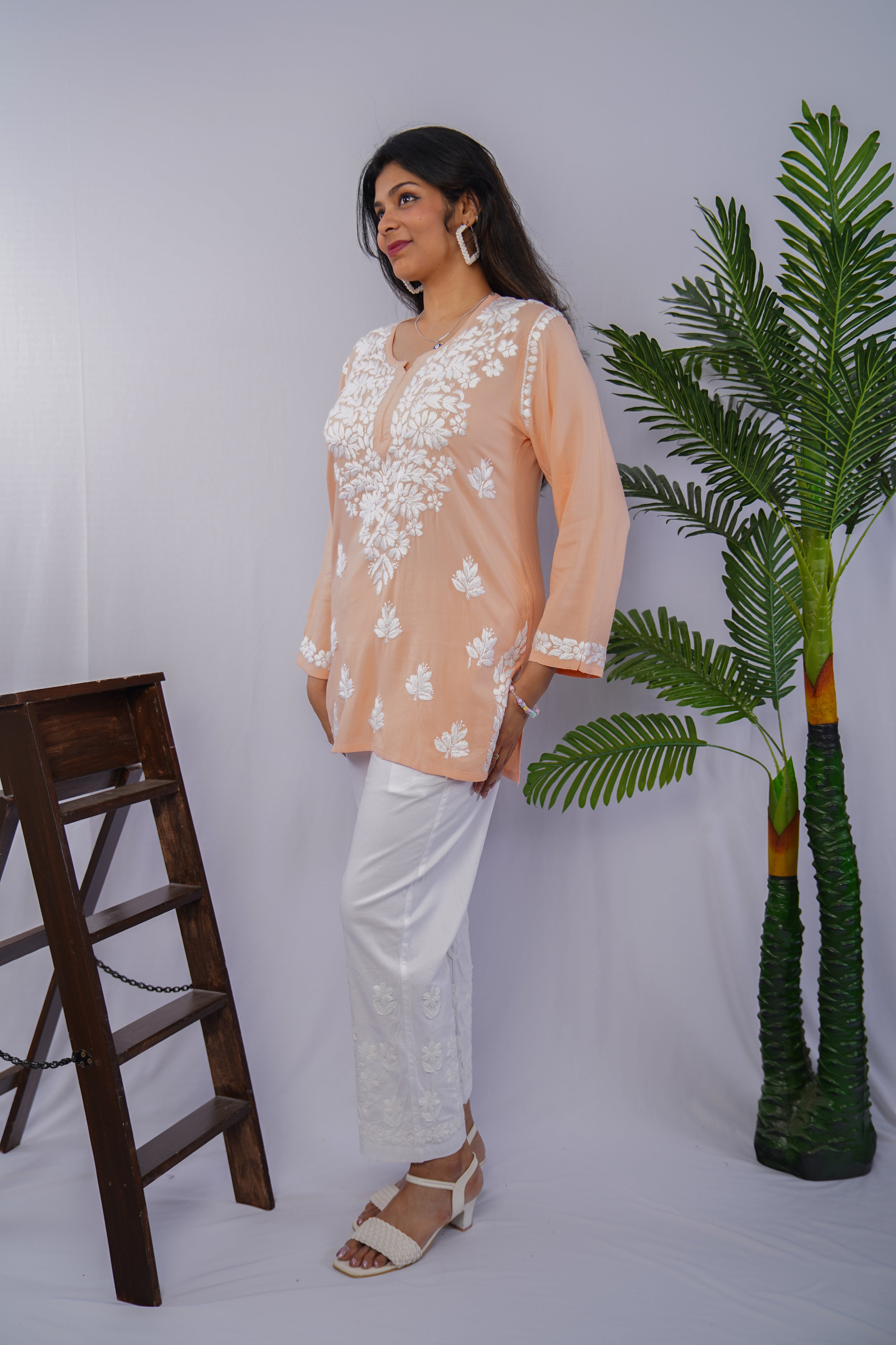 Peach Glow Rayon Chikankari Short Kurta – Elegant Handcrafted Beauty