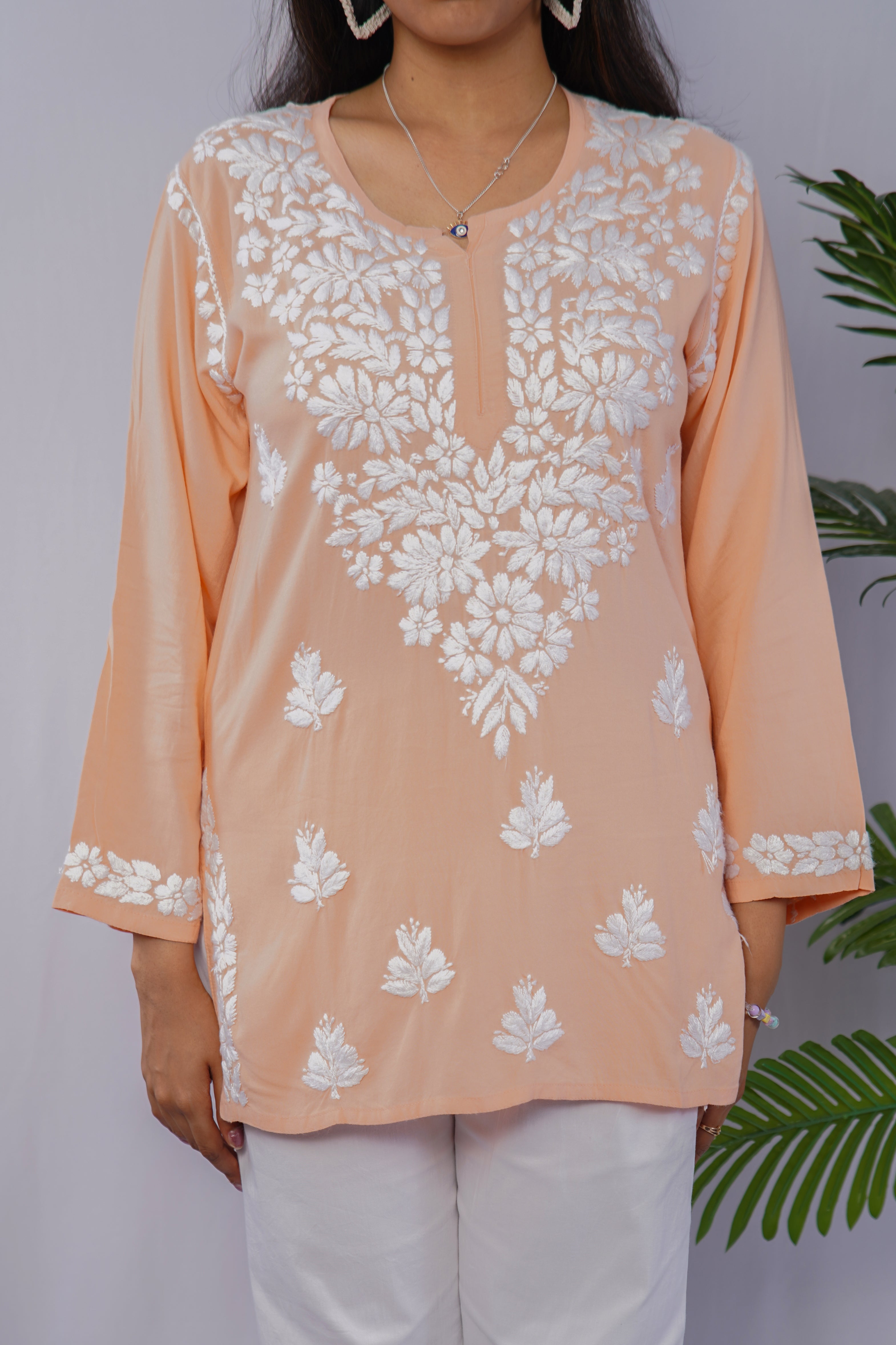 Peach Glow Rayon Chikankari Short Kurta – Elegant Handcrafted Beauty