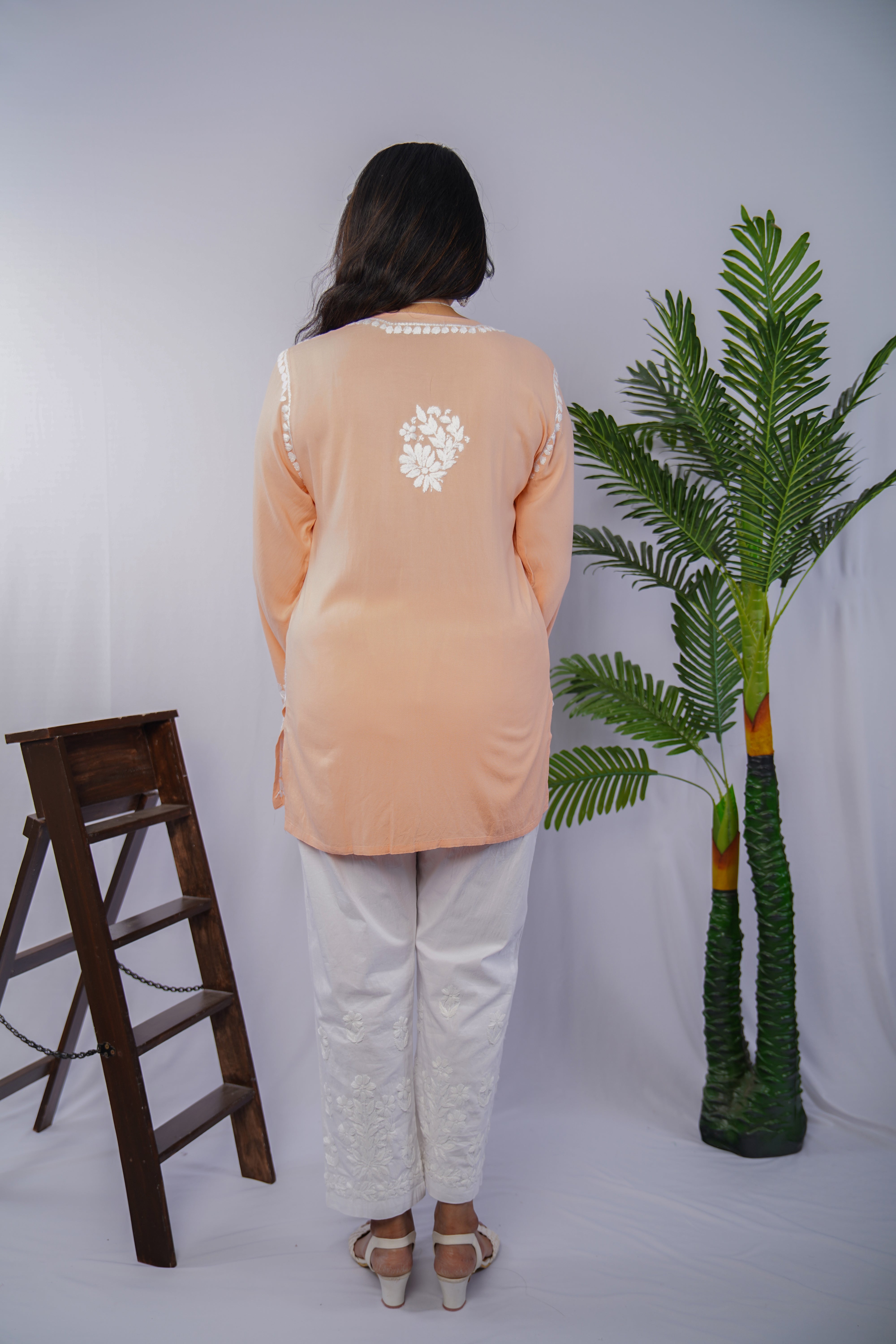 Peach Glow Rayon Chikankari Short Kurta – Elegant Handcrafted Beauty