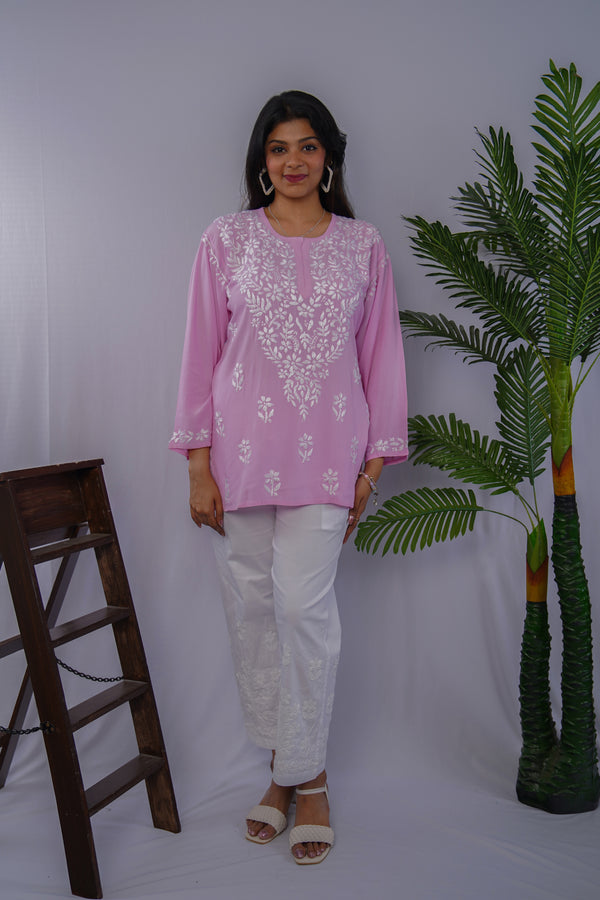 Blush Pink Rayon Chikankari Short Kurta – Hand-Embroidered Charm