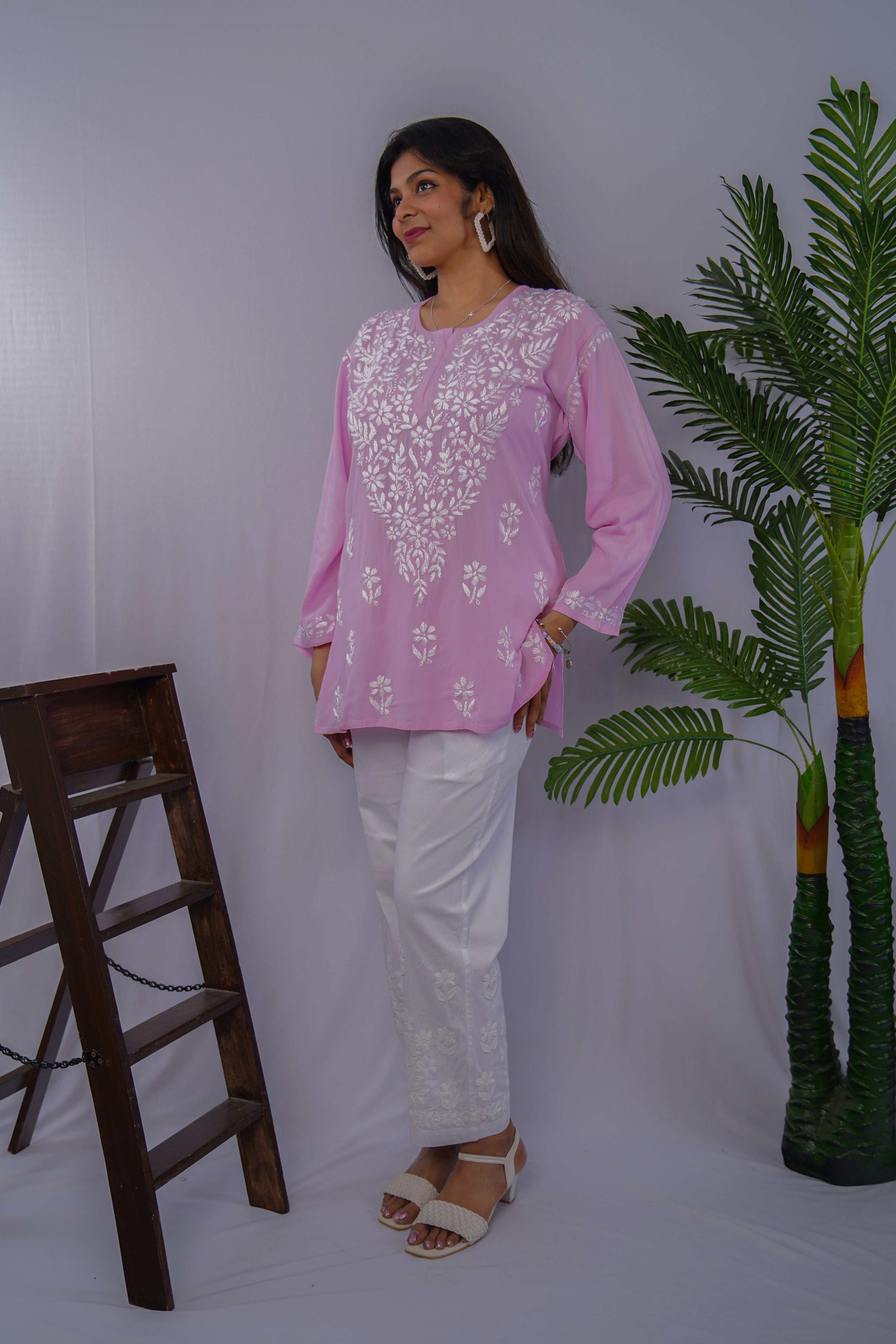 Blush Pink Rayon Chikankari Short Kurta – Hand-Embroidered Charm