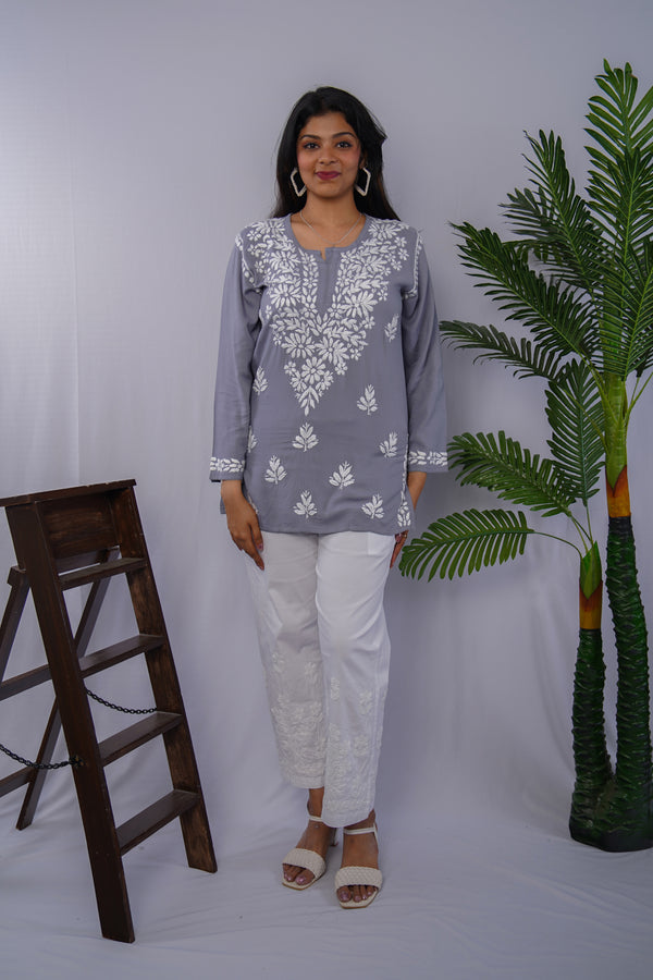 Smoky Grey Rayon Chikankari Short Kurta – Handcrafted Elegance