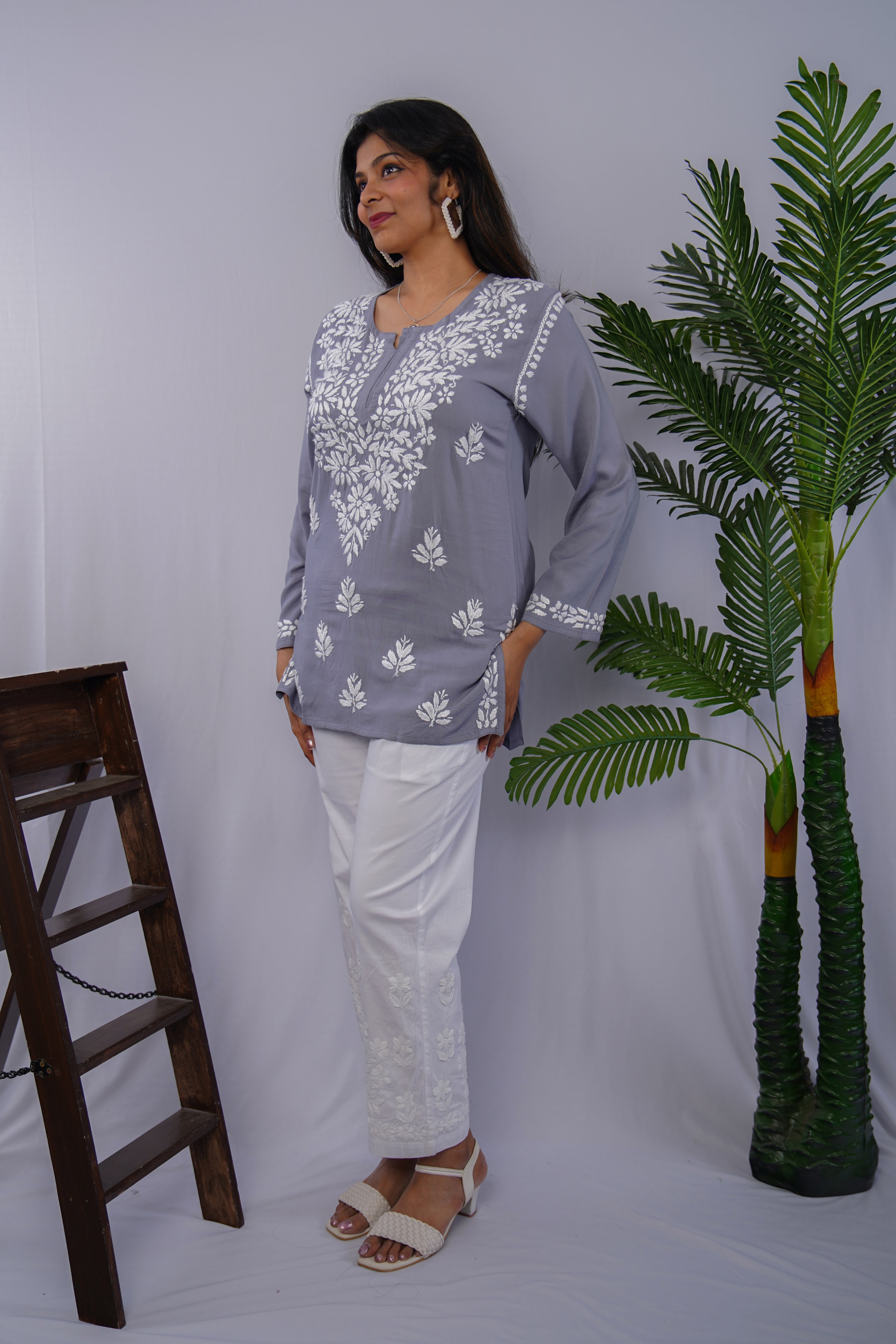 Smoky Grey Rayon Chikankari Short Kurta – Handcrafted Elegance