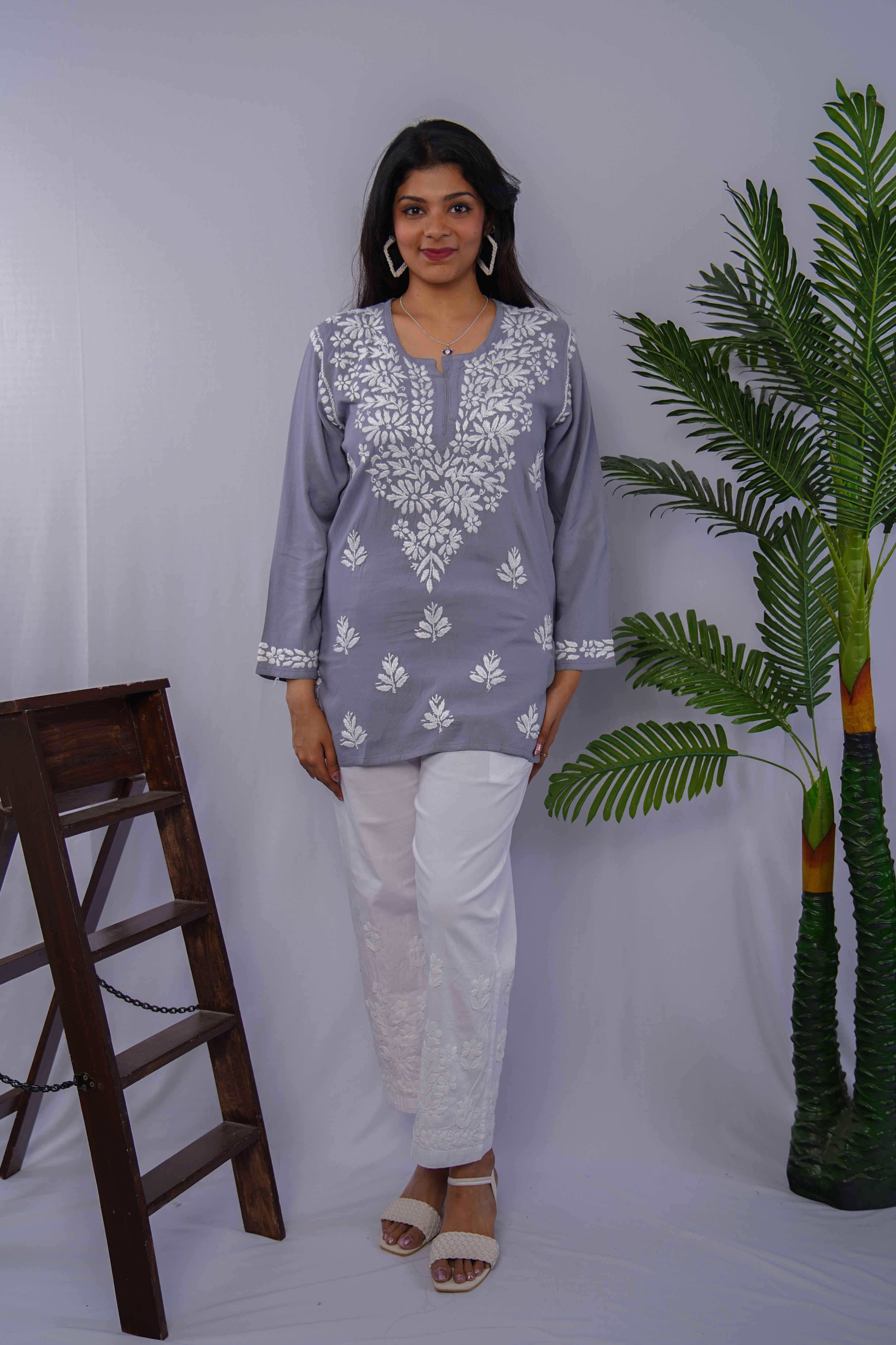 Smoky Grey Rayon Chikankari Short Kurta – Handcrafted Elegance