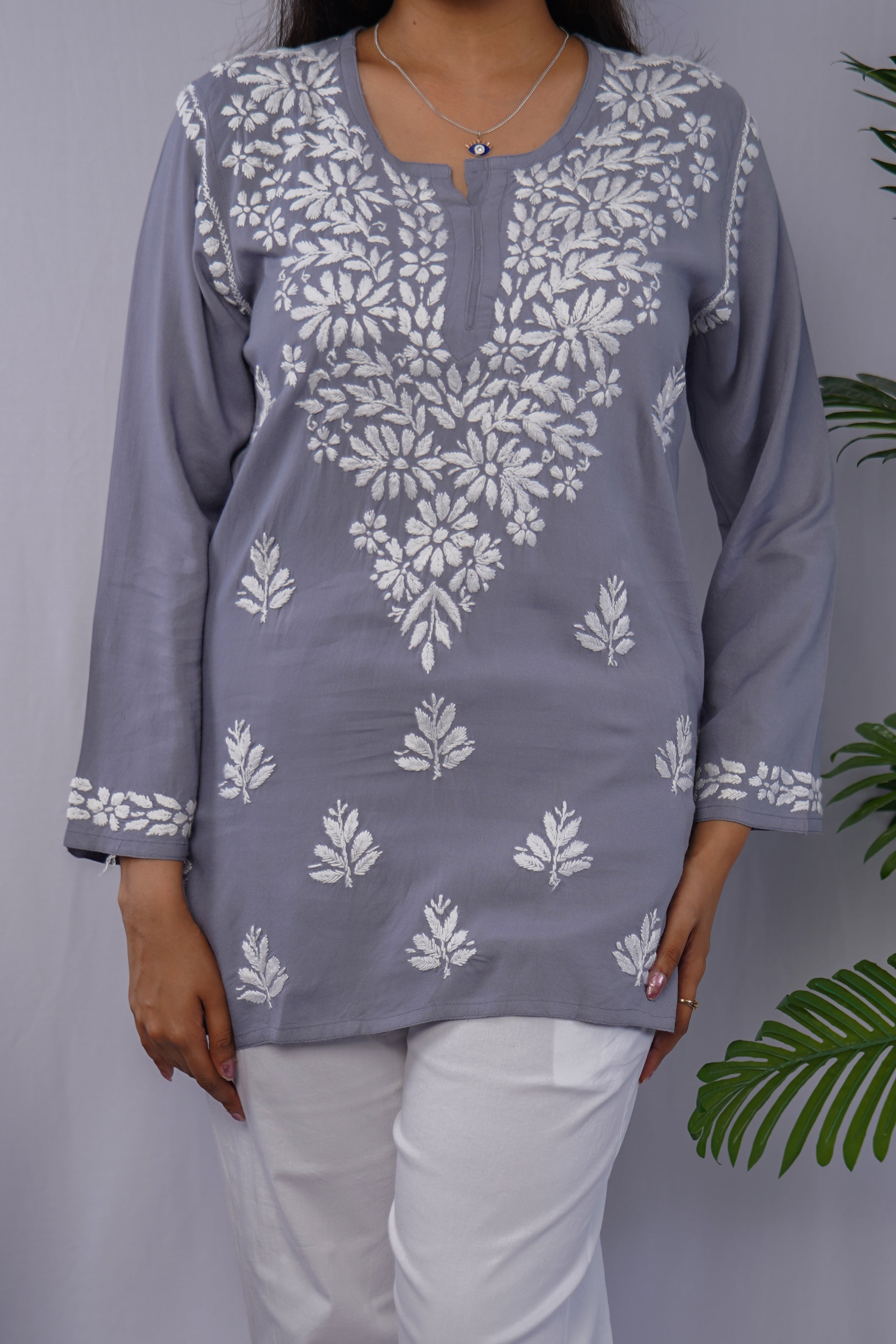Smoky Grey Rayon Chikankari Short Kurta – Handcrafted Elegance