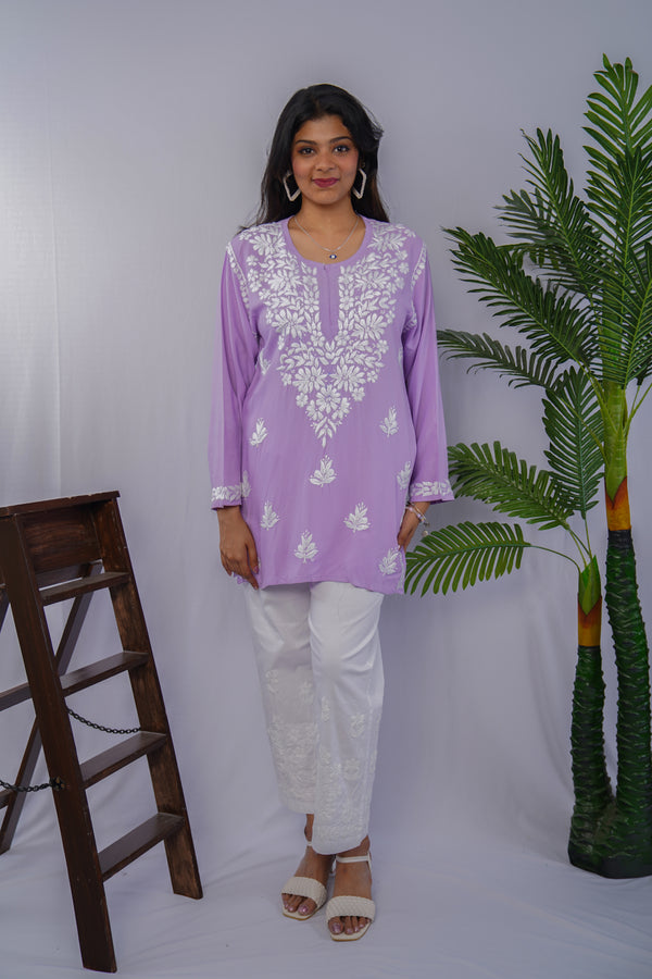 Lilac Bloom Pure Rayon Chikankari Short Kurta – Hand Embroidered Elegance