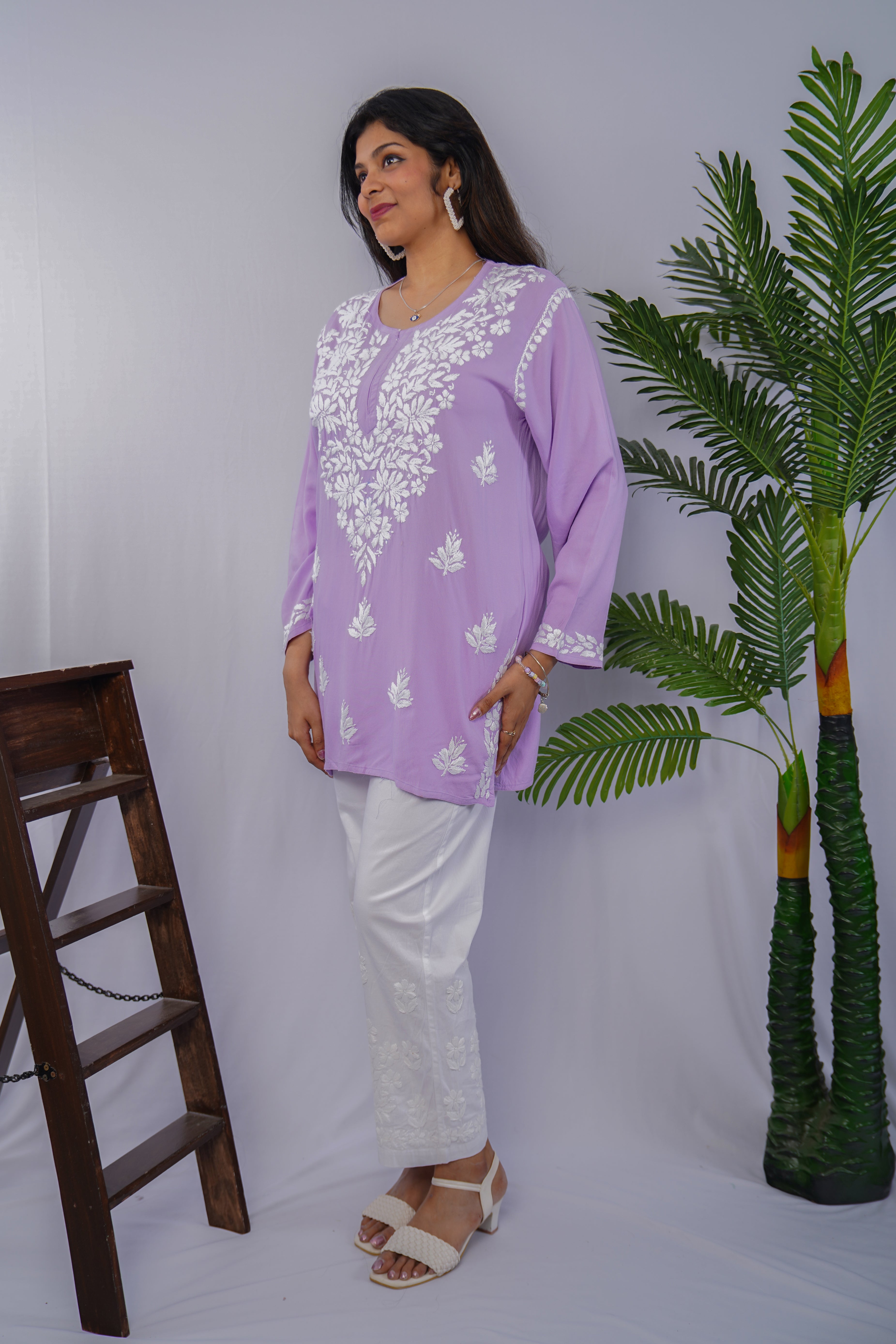 Lilac Bloom Pure Rayon Chikankari Short Kurta – Hand Embroidered Elegance