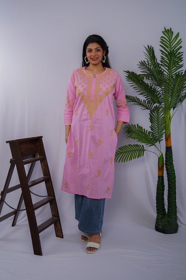Pink Cotton Chikankari Kurti with Mustard Thread Embroidery