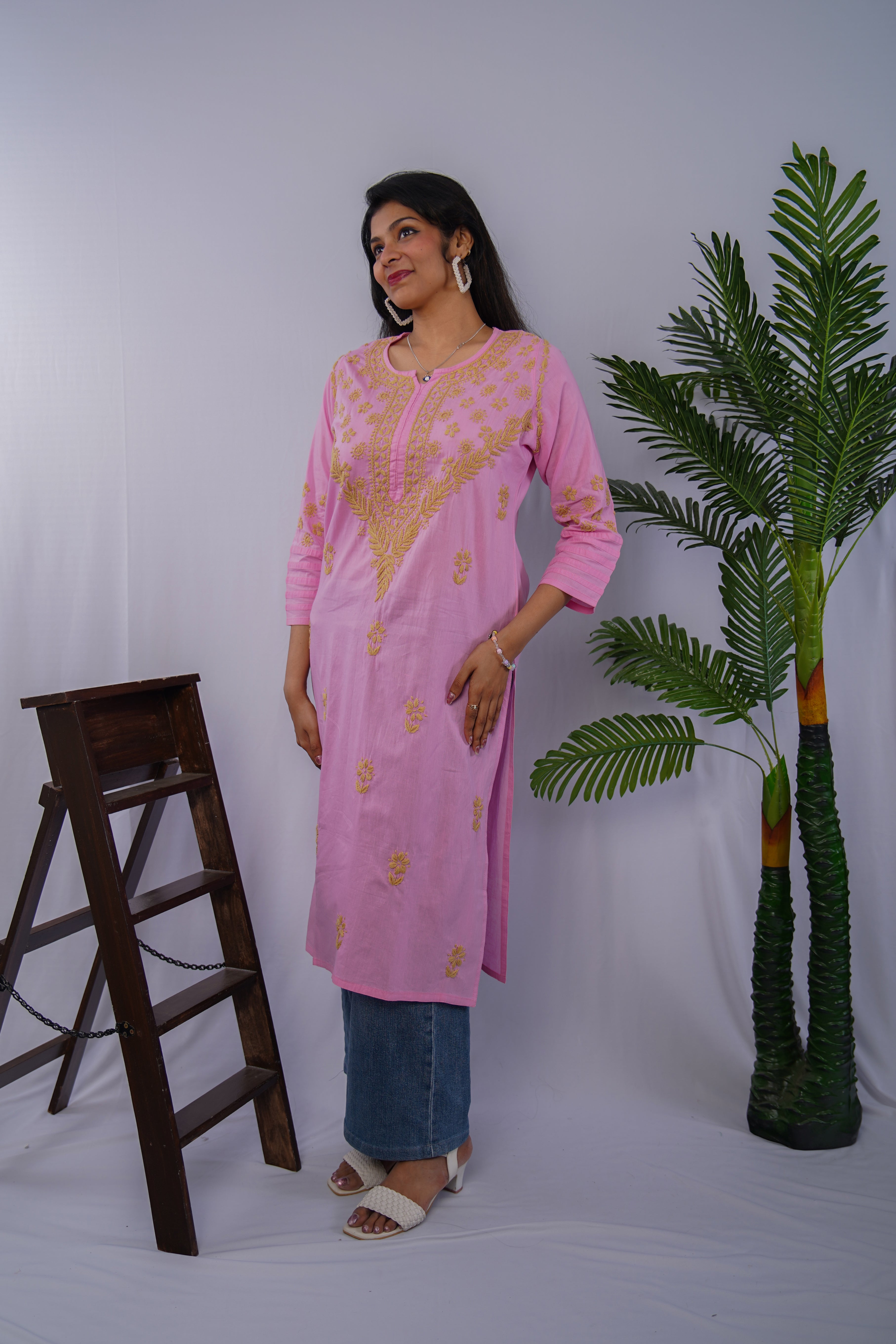 Pink Cotton Chikankari Kurti with Mustard Thread Embroidery