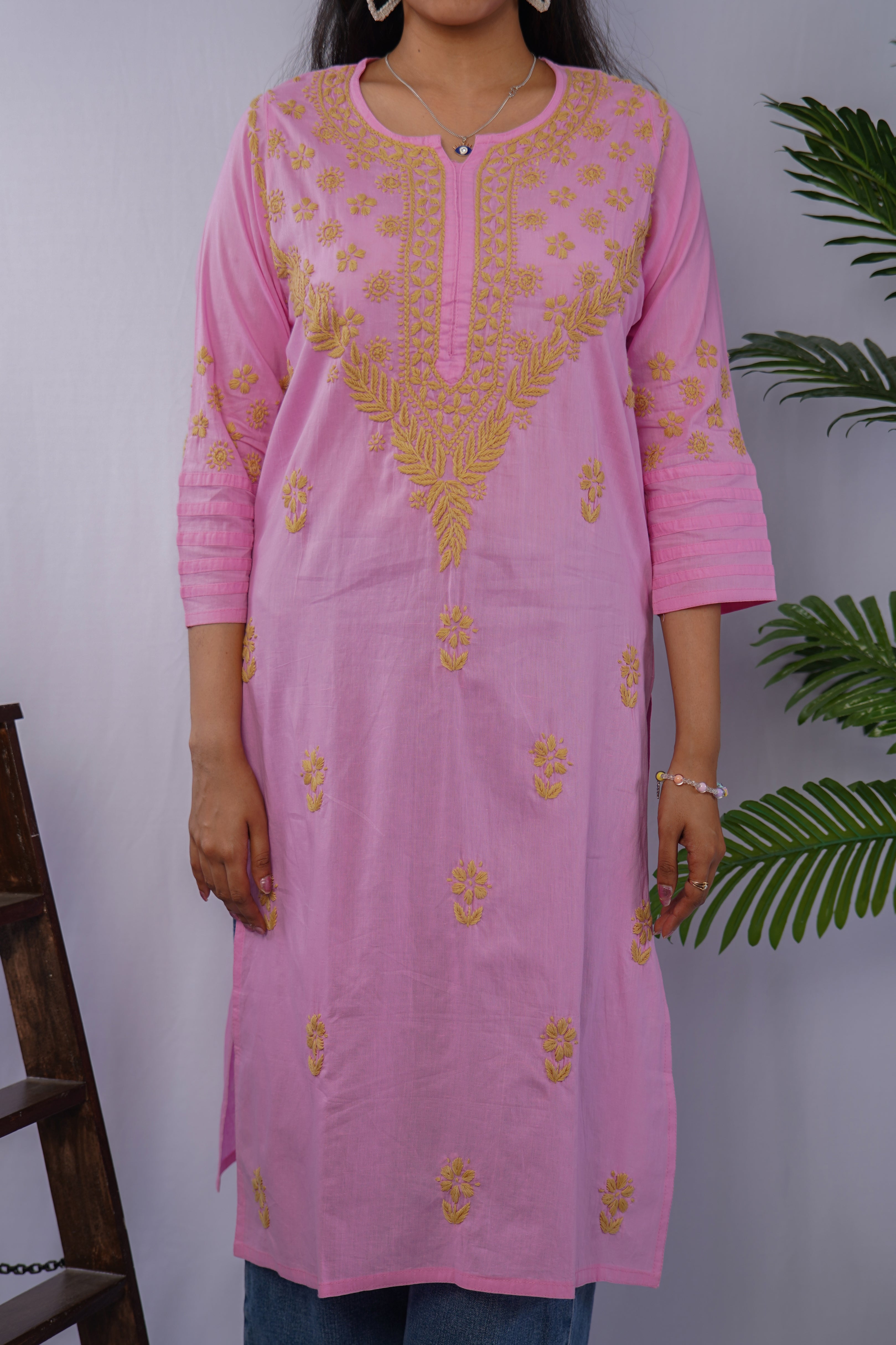 Pink Cotton Chikankari Kurti with Mustard Thread Embroidery
